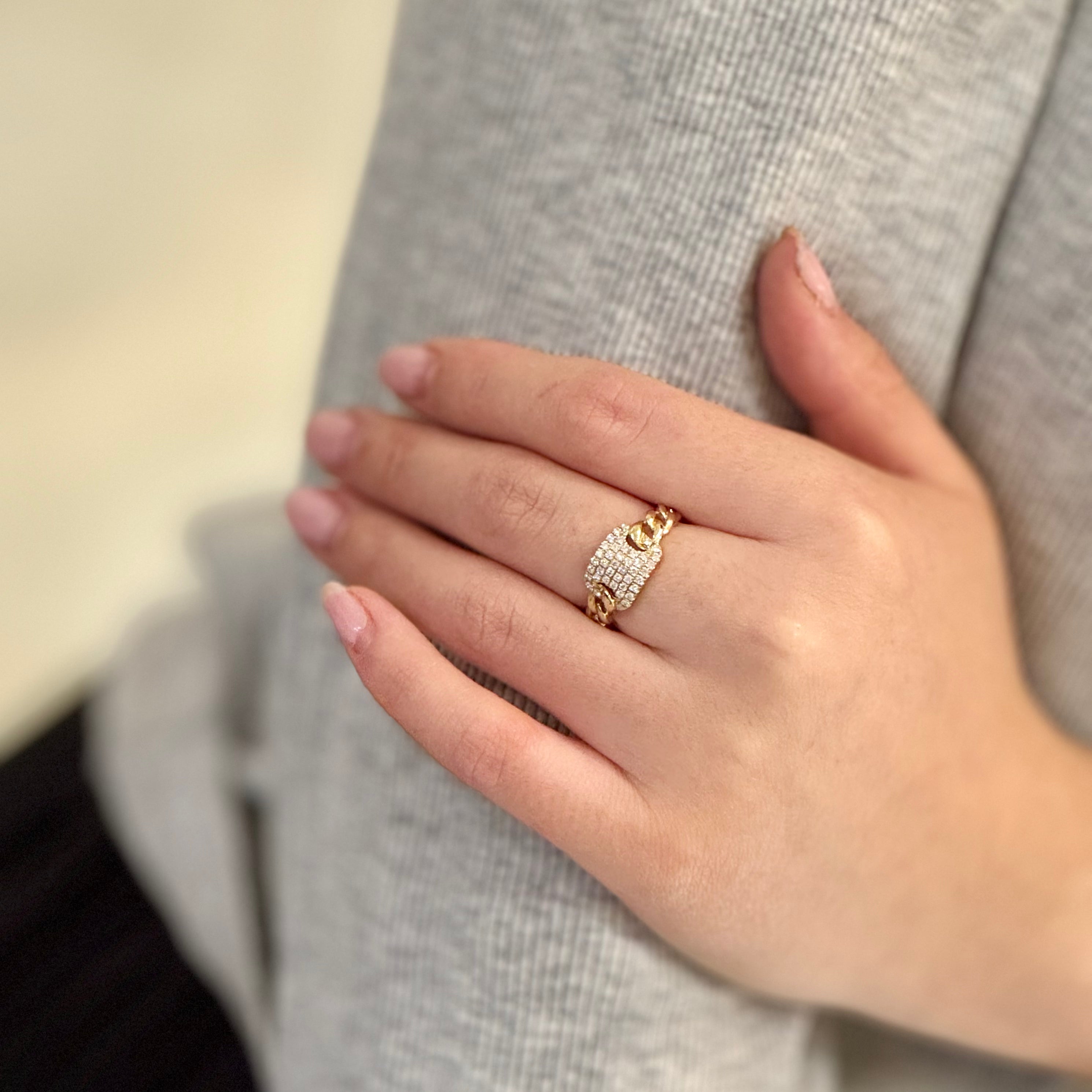 Pave Diamond Shield Cuban Band Ring In 14k