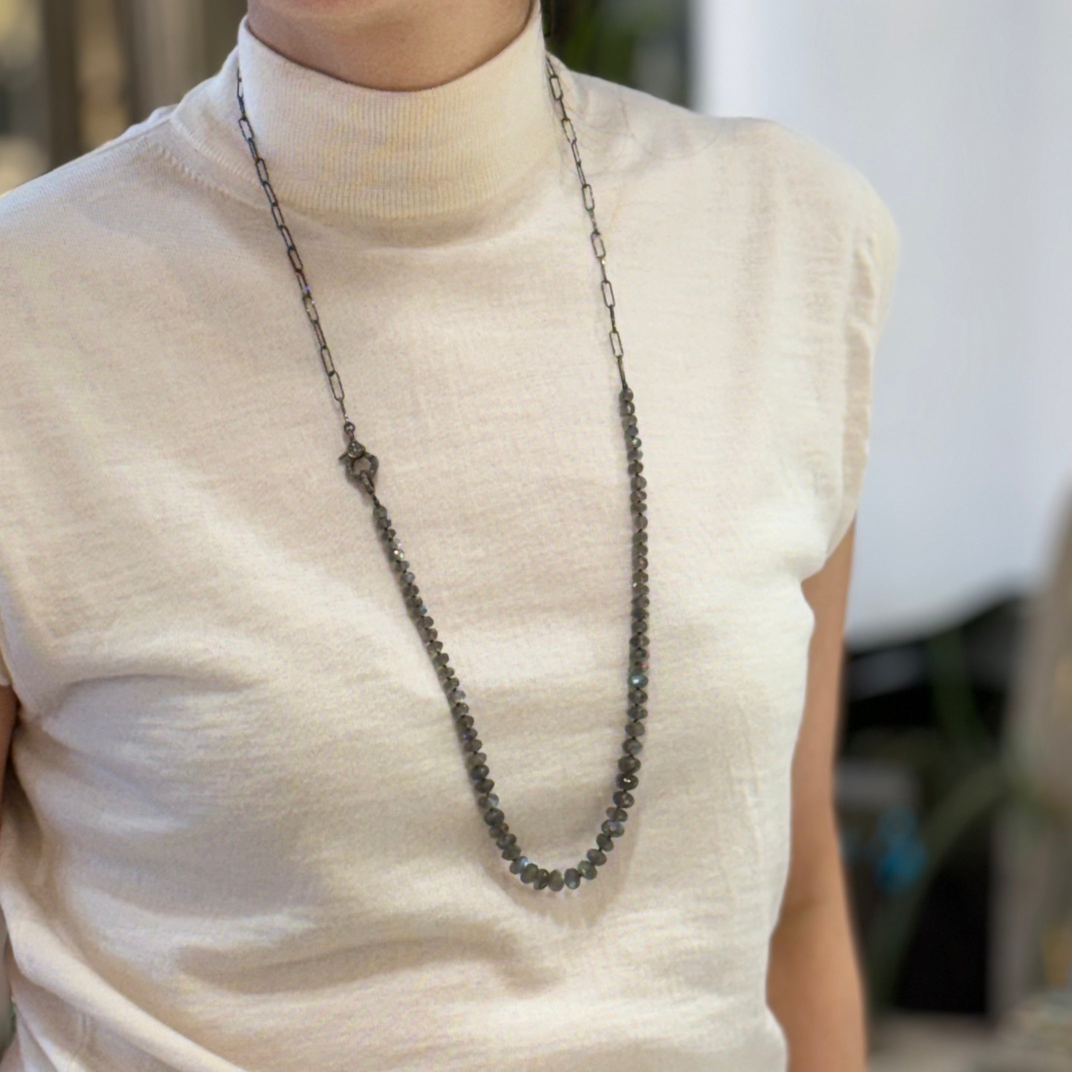 Labradorite Pave Diamond Lock Paperclip Long Necklace