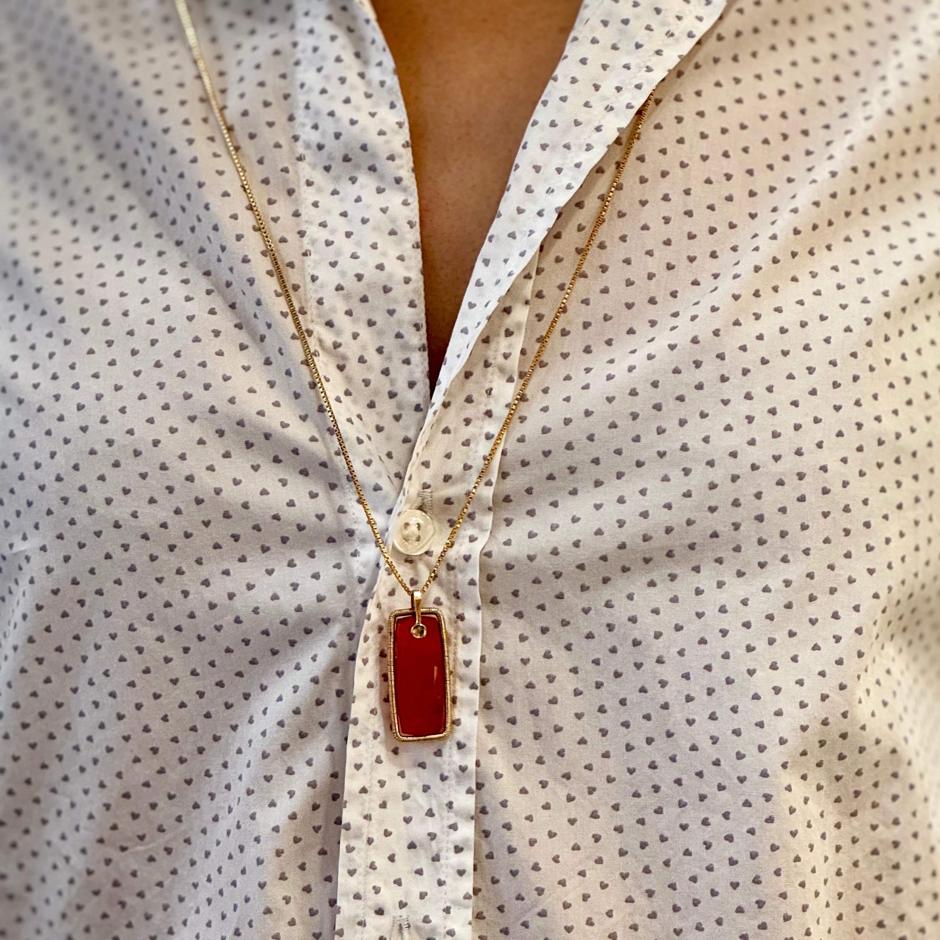 Long Gem Slice Frame Pendant Gold Necklace