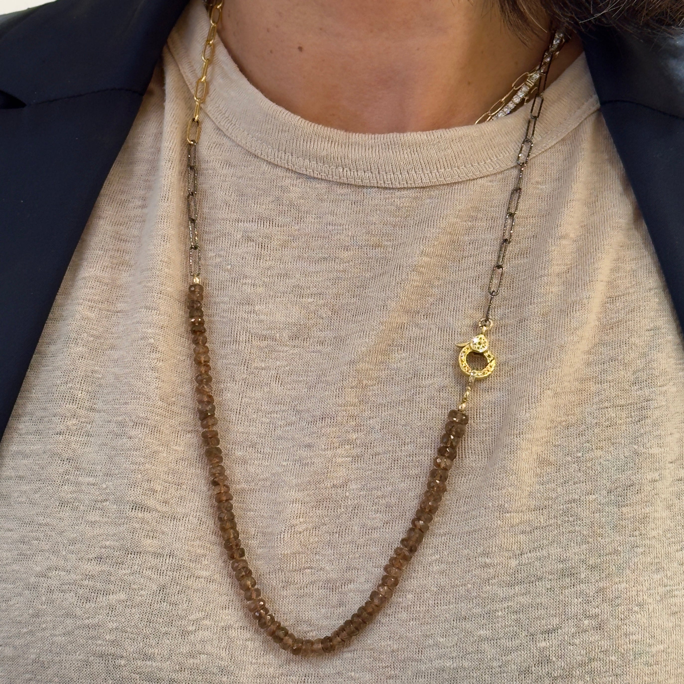 Labradorite Pave Diamond Lock Paperclip Long Necklace
