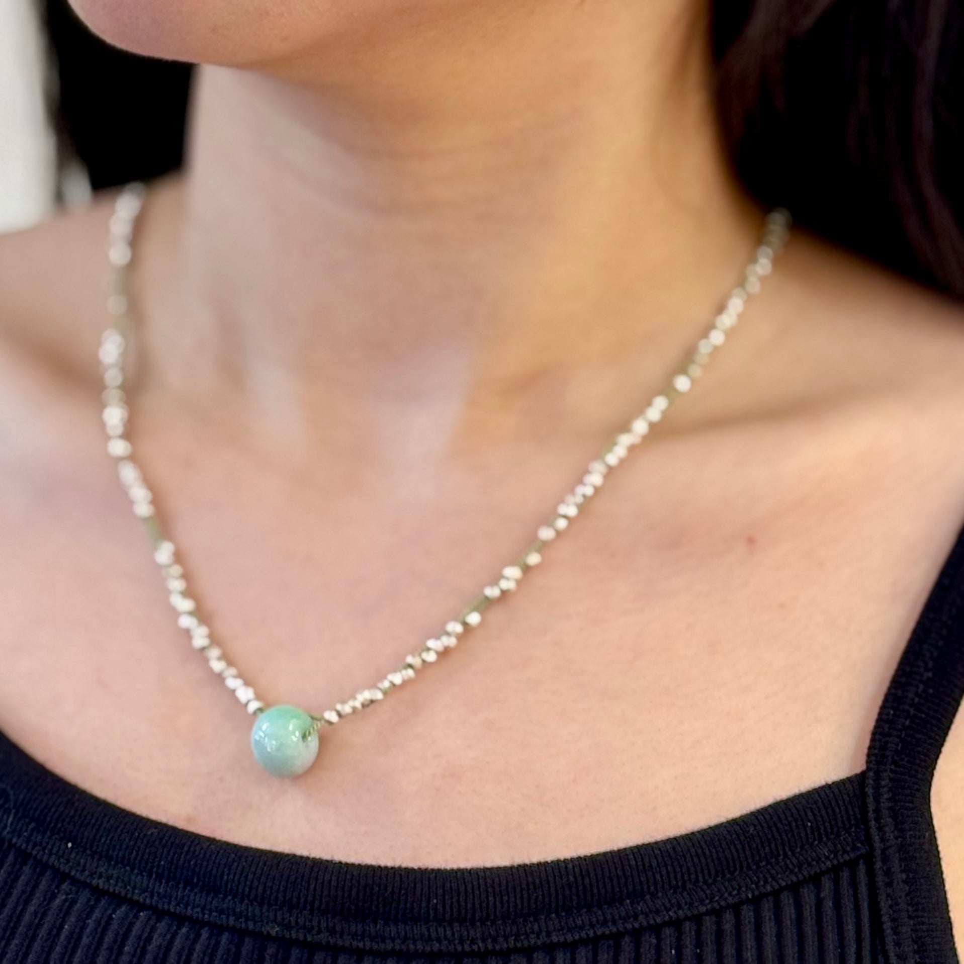 Donut Jade Pendant Silver Bits Necklace