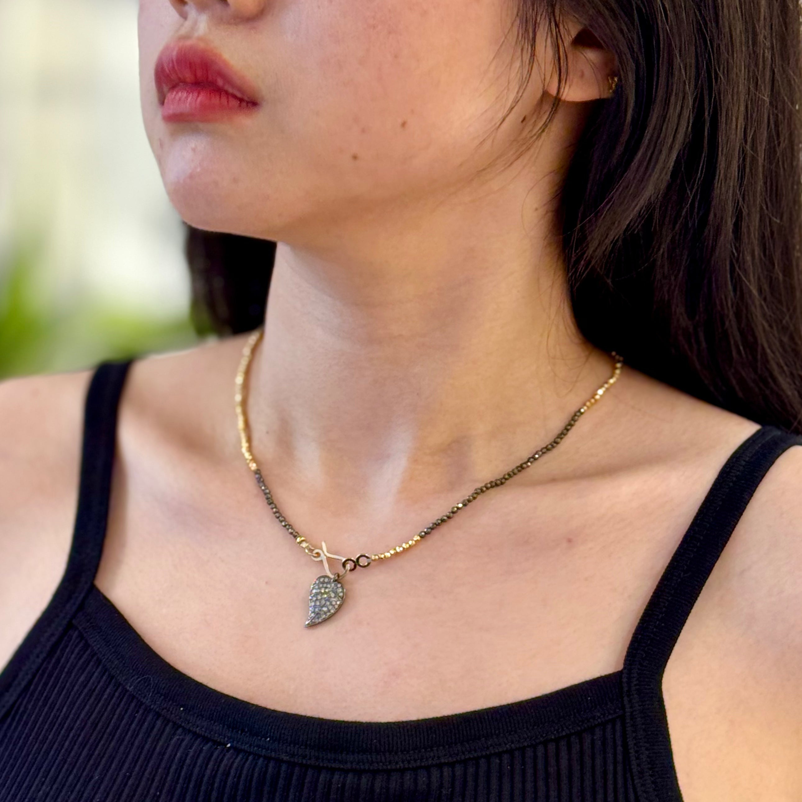 Pave Diamond Pendant Mixed Golden Pyrite Necklace