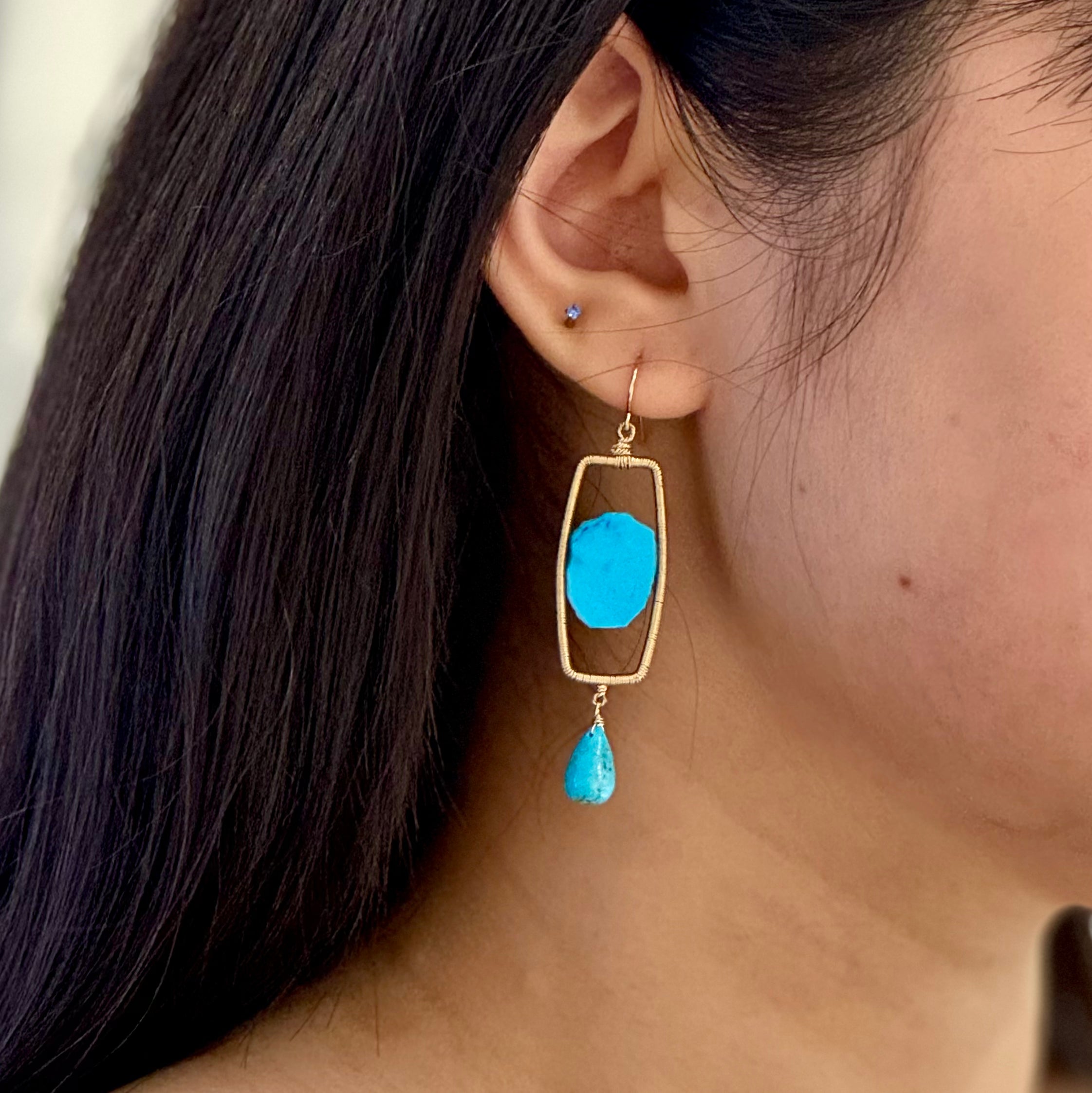 Turquoise Slice Rectangle Frame Gem Drop Earrings