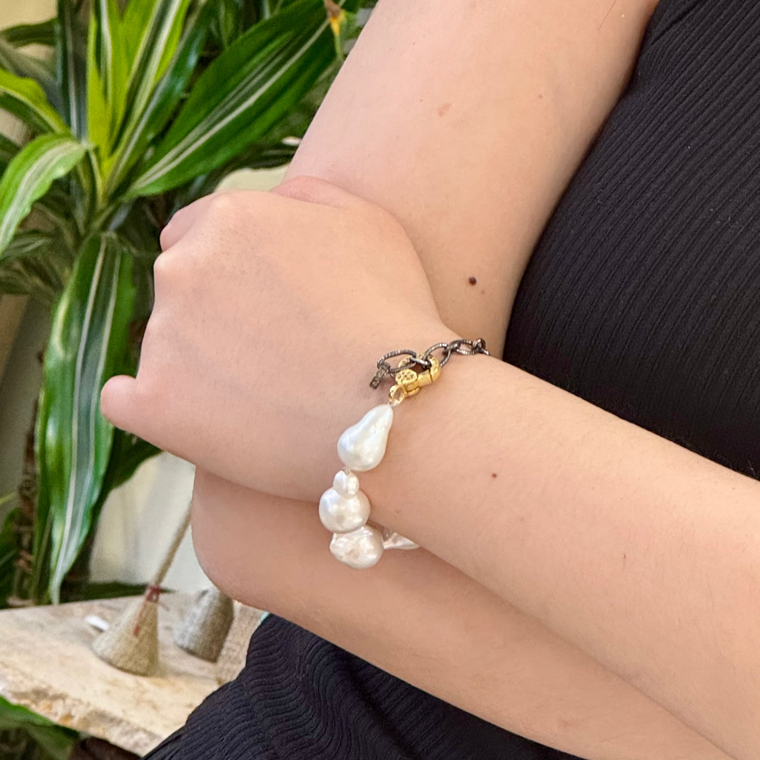 Baroque Pearl Mixed Metal Diamond Lock Bracelet