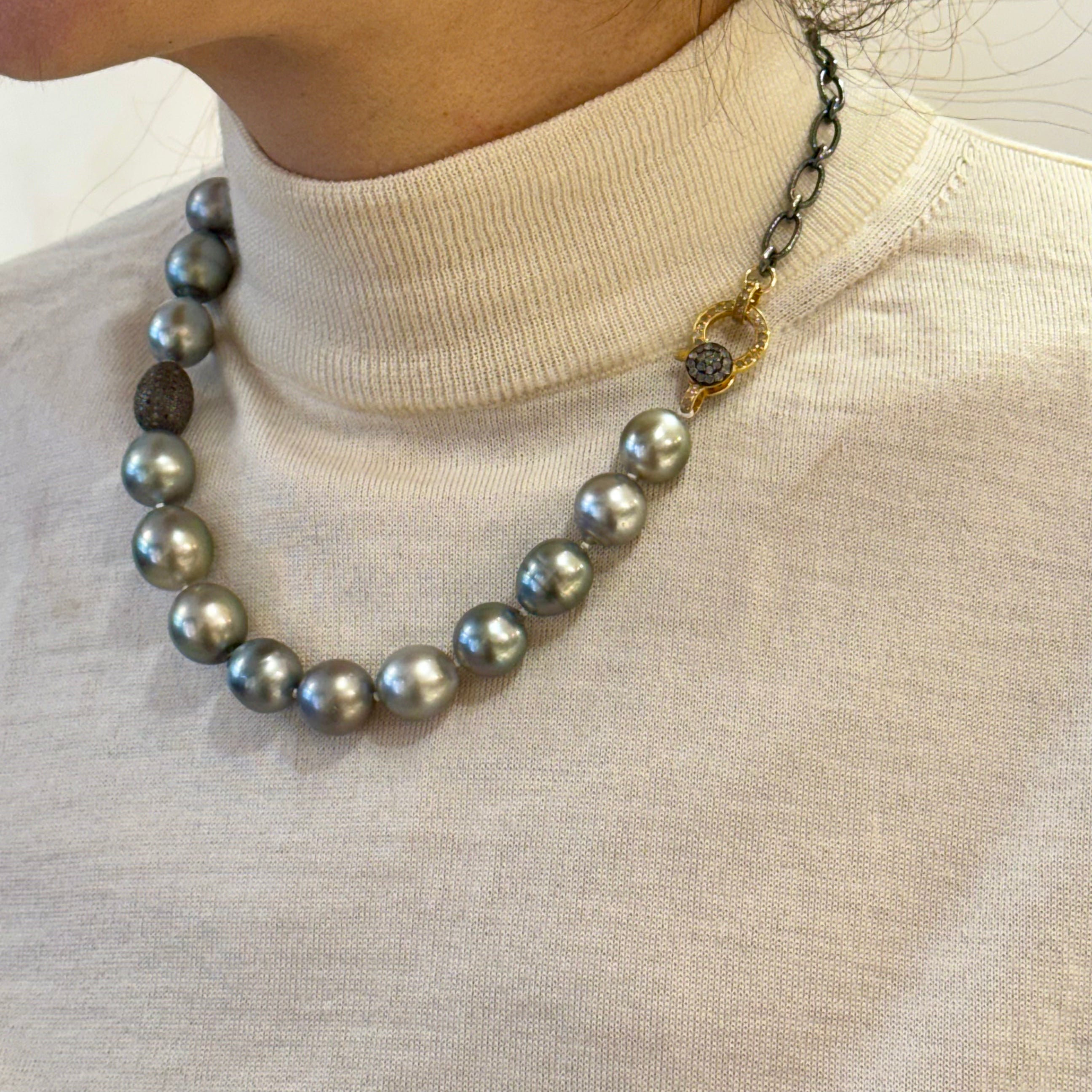 Tahitian Pearl Pave Diamond Lock Paperclip Necklace