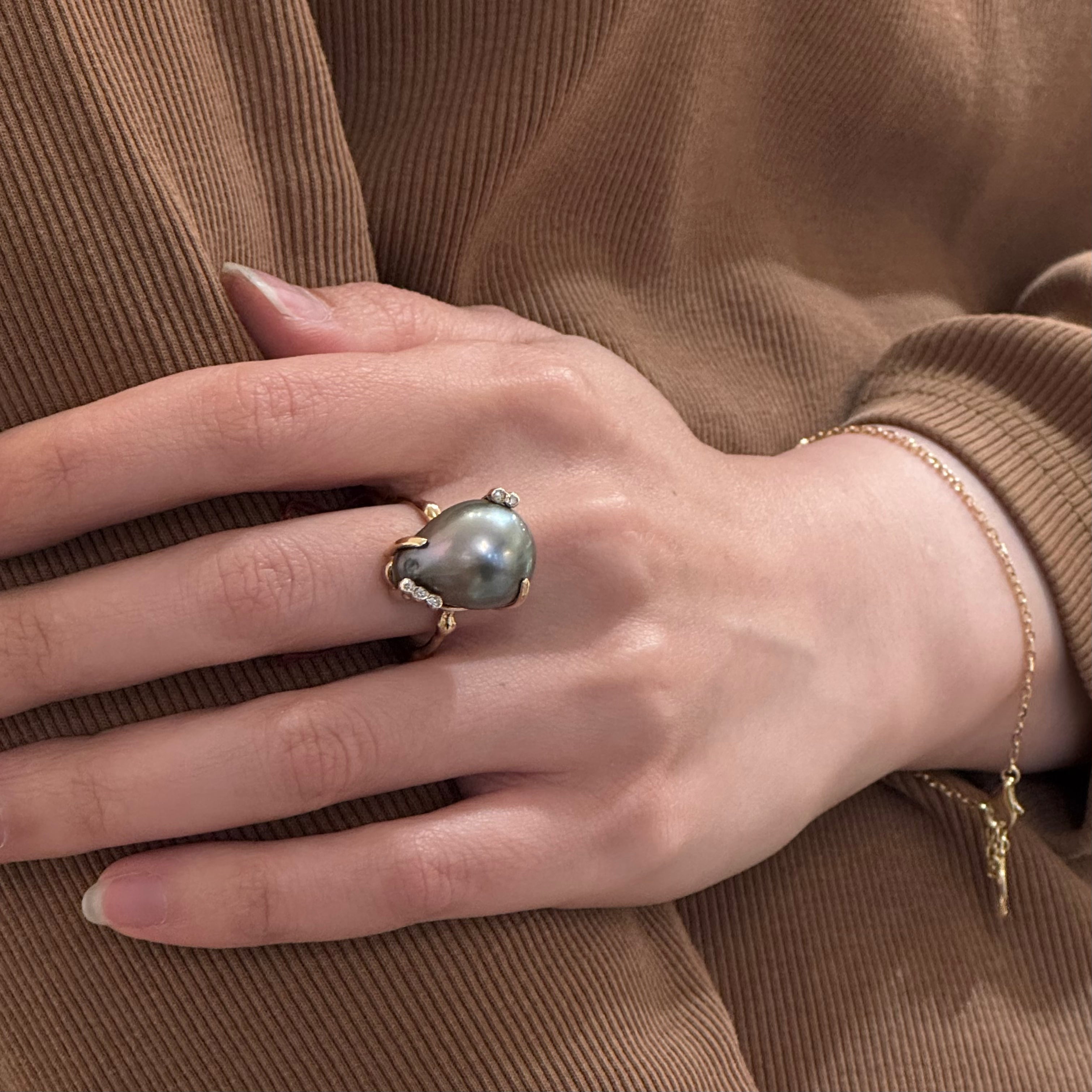 Bamboo Tahitian Pearl Ring-14k