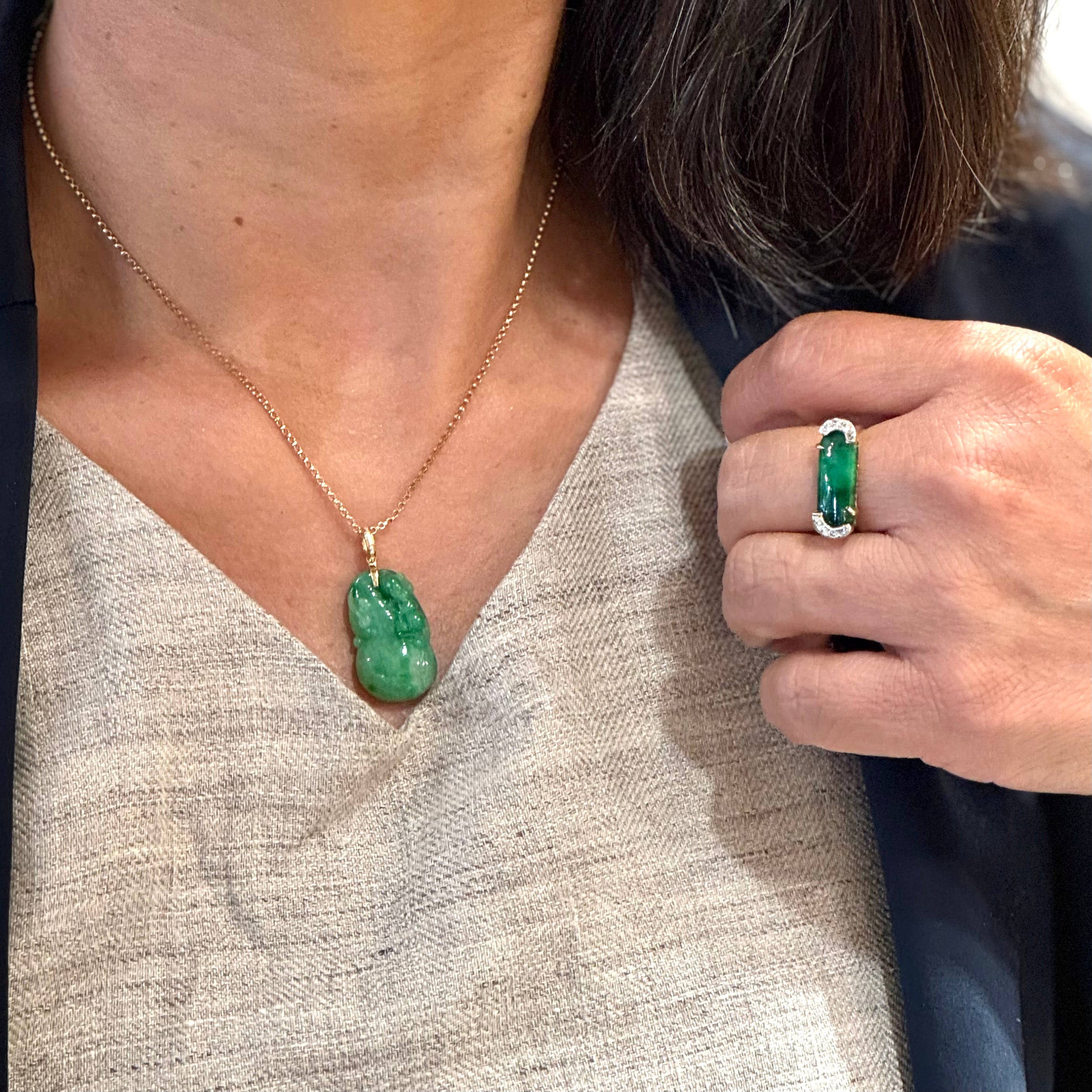 Pixiu and Hulu Jade Necklace-14k