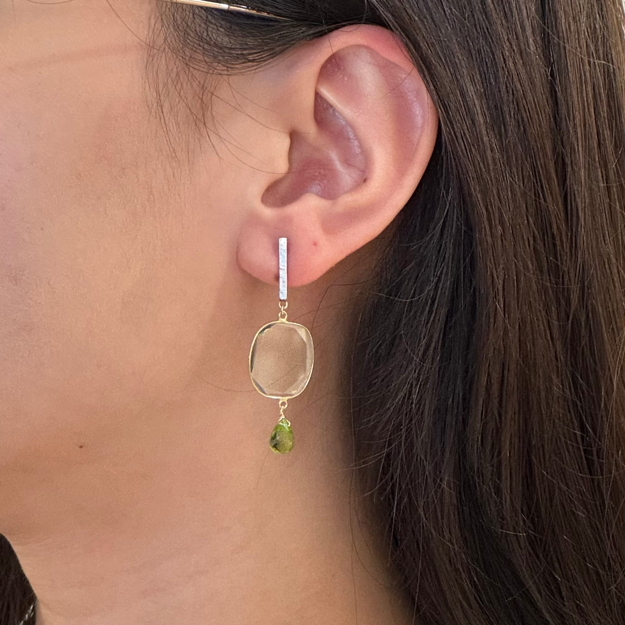 Slice Moissanite Peridot Drop Gold Bar Studs Earrings