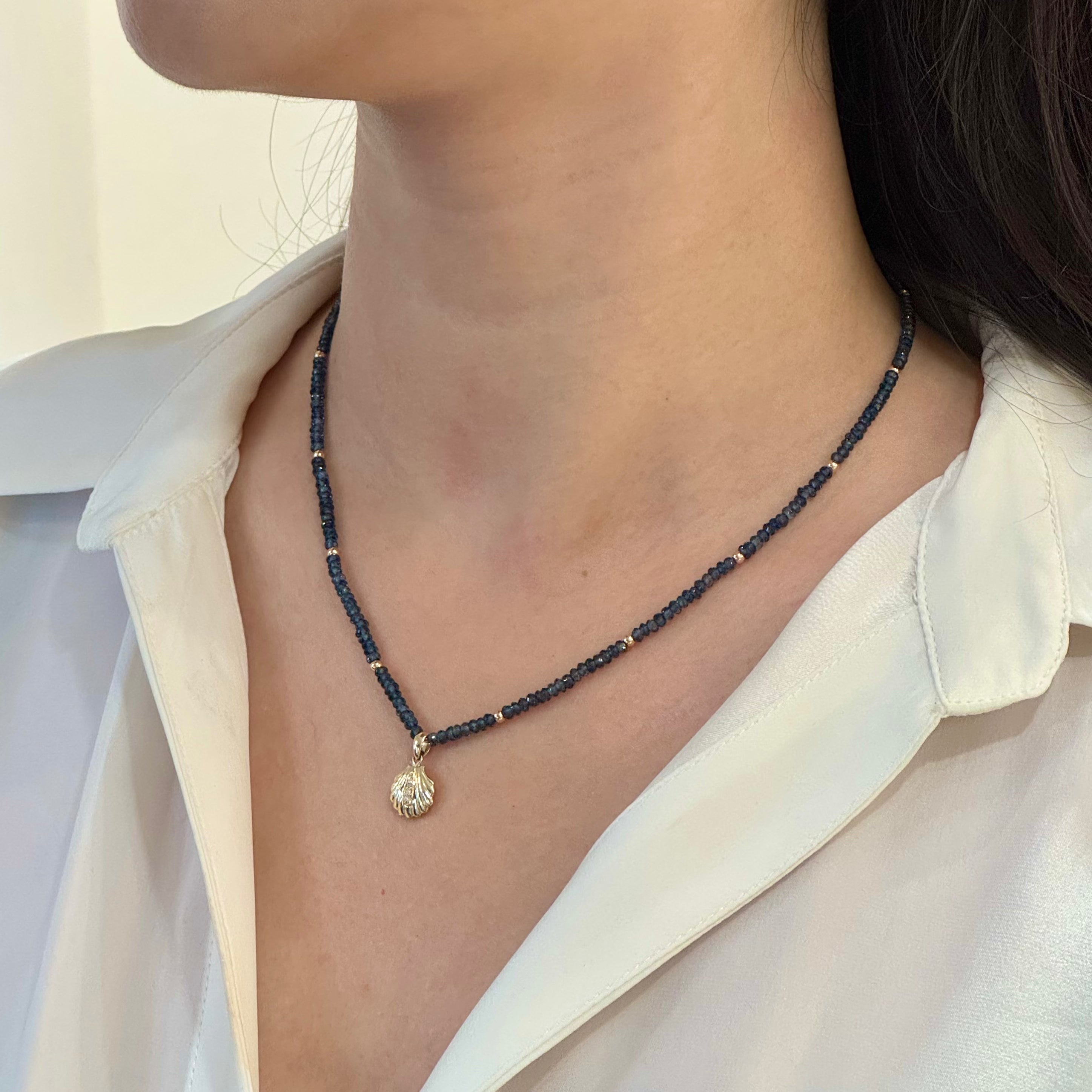 London Blue Topaz Beaded Necklace Diamond Shell Pendant 14k