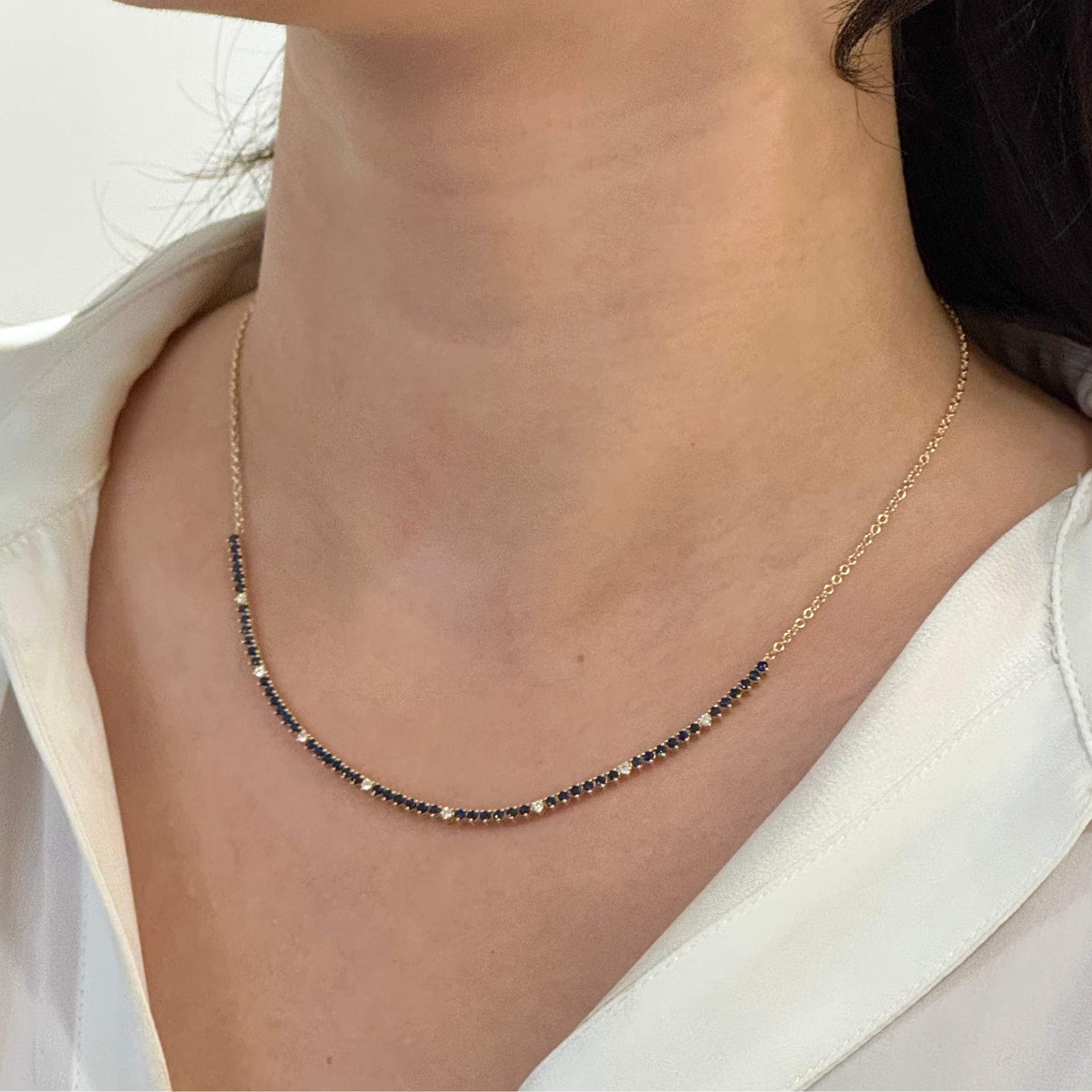 Natural Sapphire Diamond Row Necklace 14k
