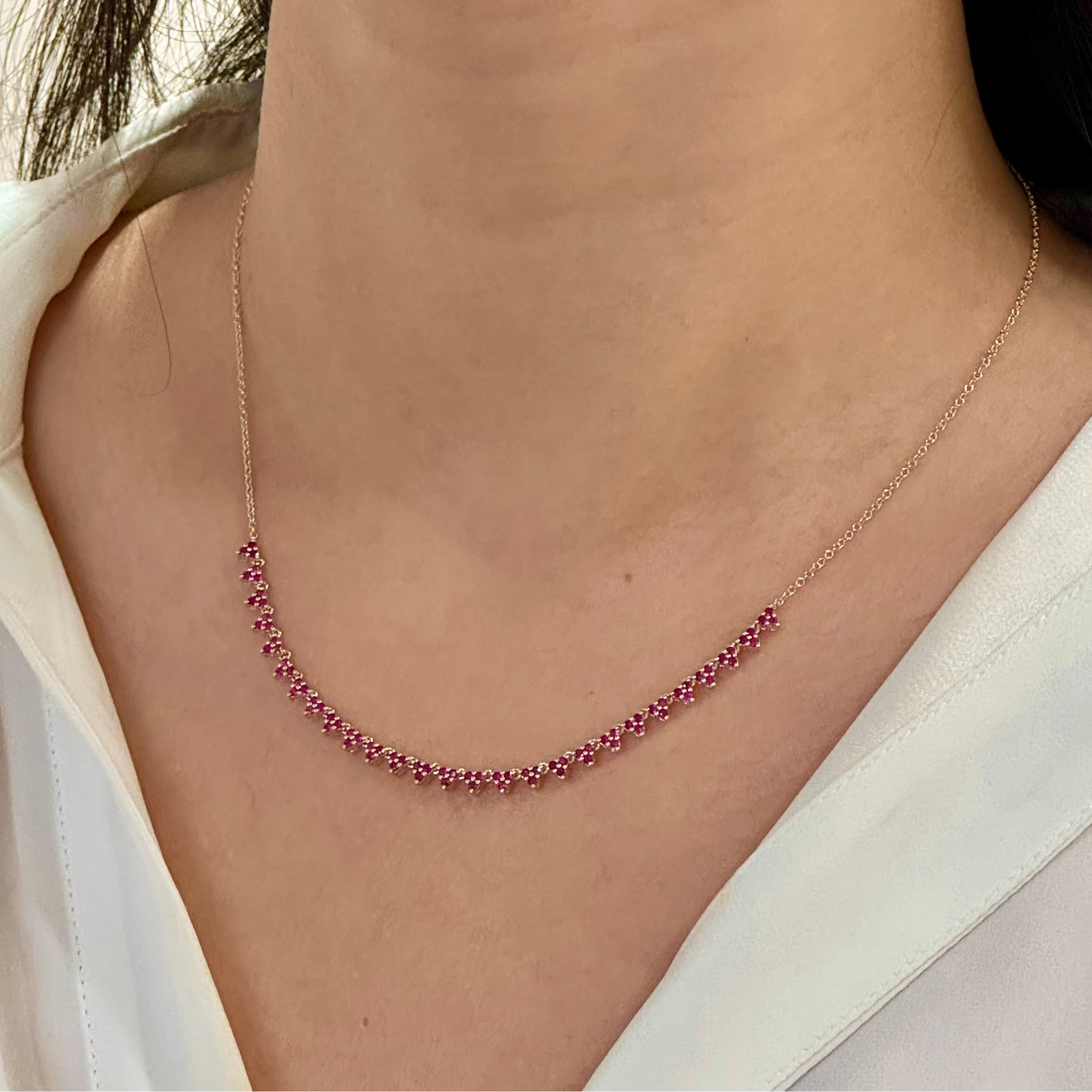 Trio Ruby Cluster Row Necklace 14k