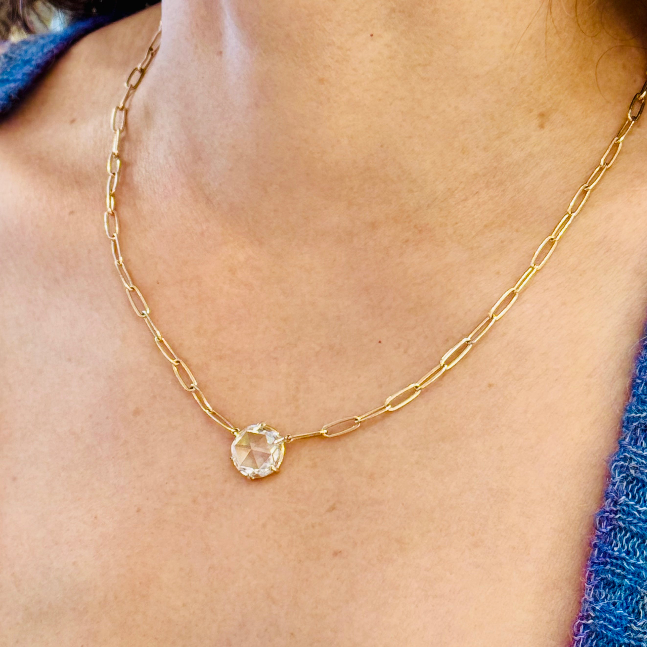 Rose-cut Moissanite Pendant Paperclip Necklace 14K