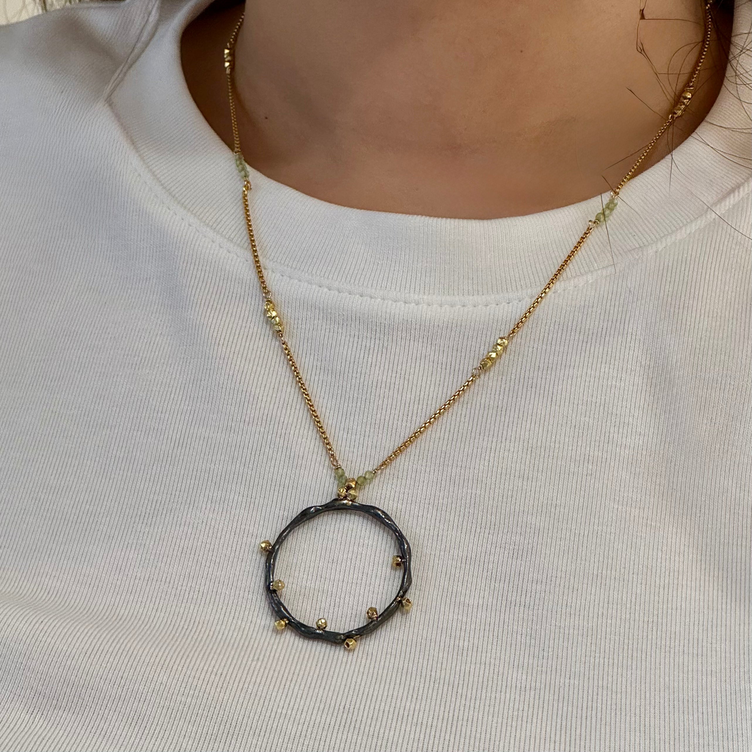 Bamboo Golden Pyrite Peridot Pendant Mix Metal Necklace