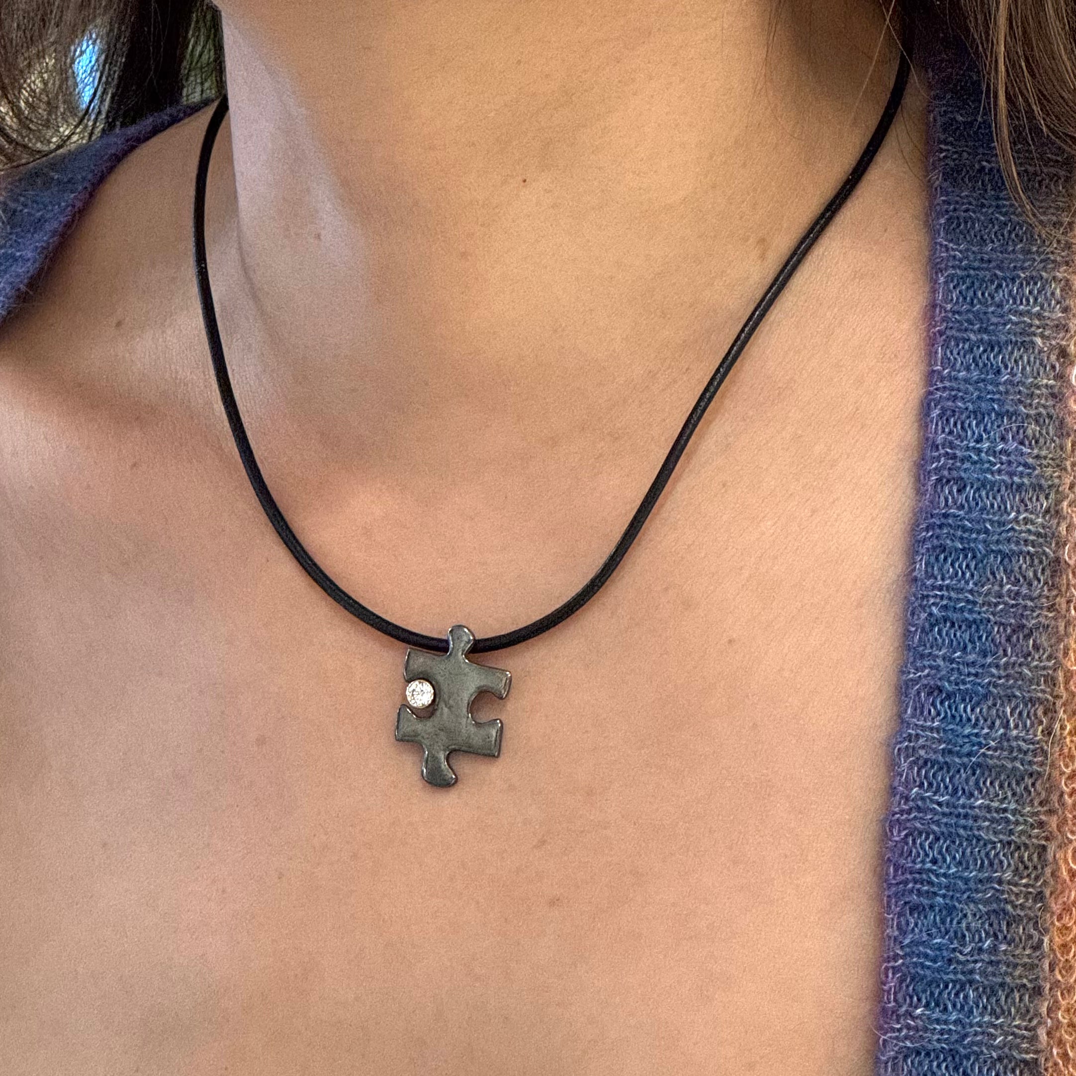 Lab Diamond Puzzle Pendant Leather Necklace