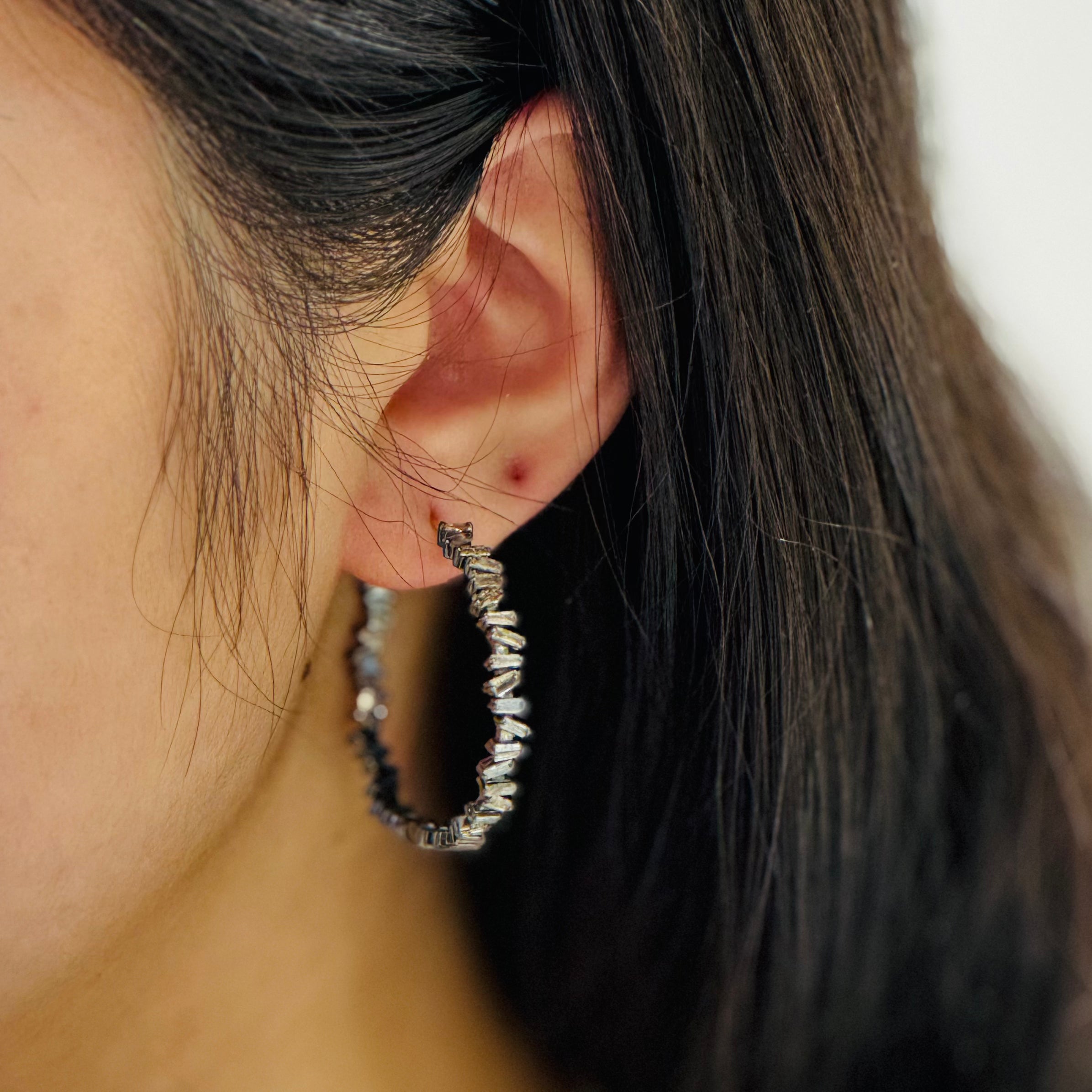 Baguette Diamond Cluster Silver Hoop Earrings
