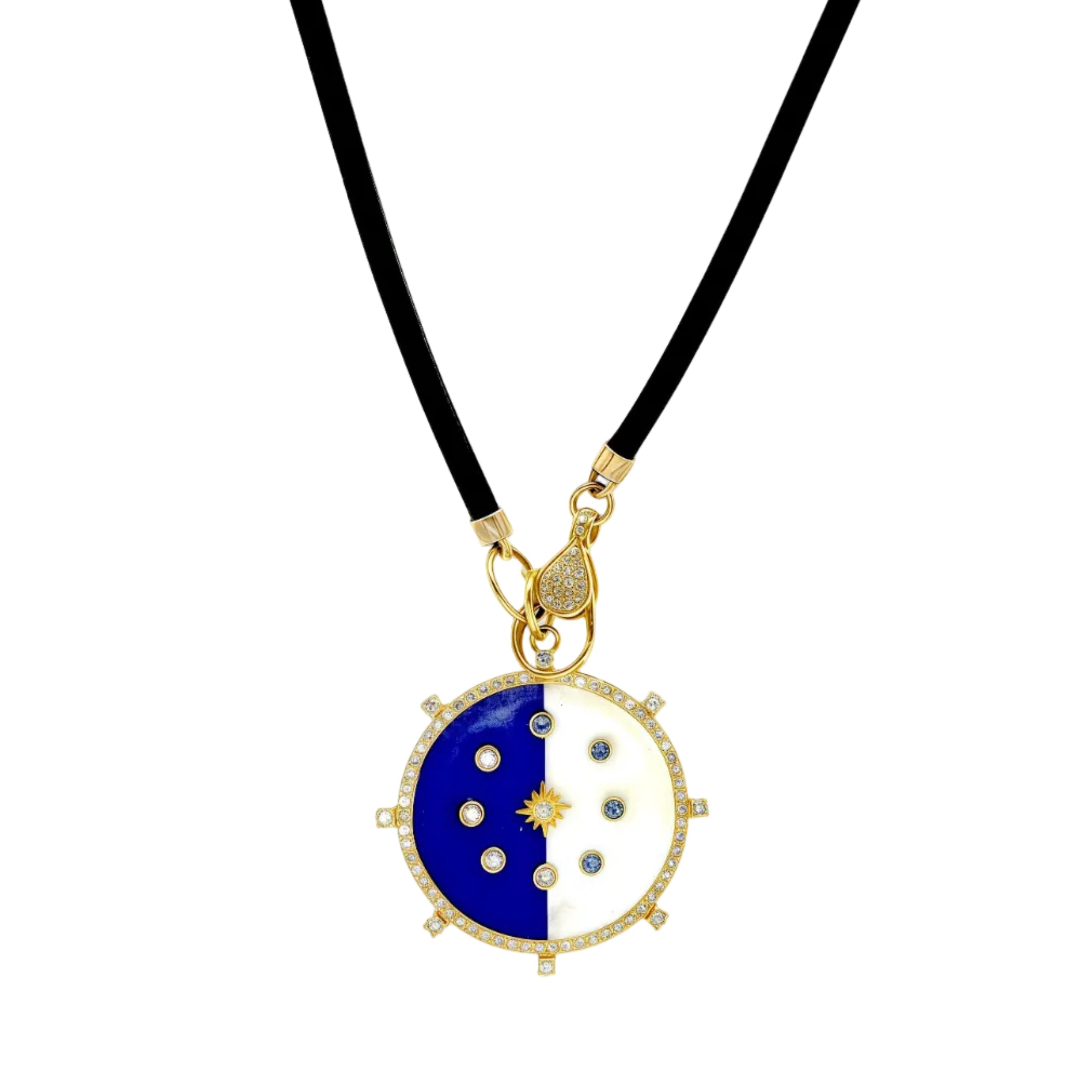 Sapphire & Pearl Diamond Moon Pendant Leather Necklace