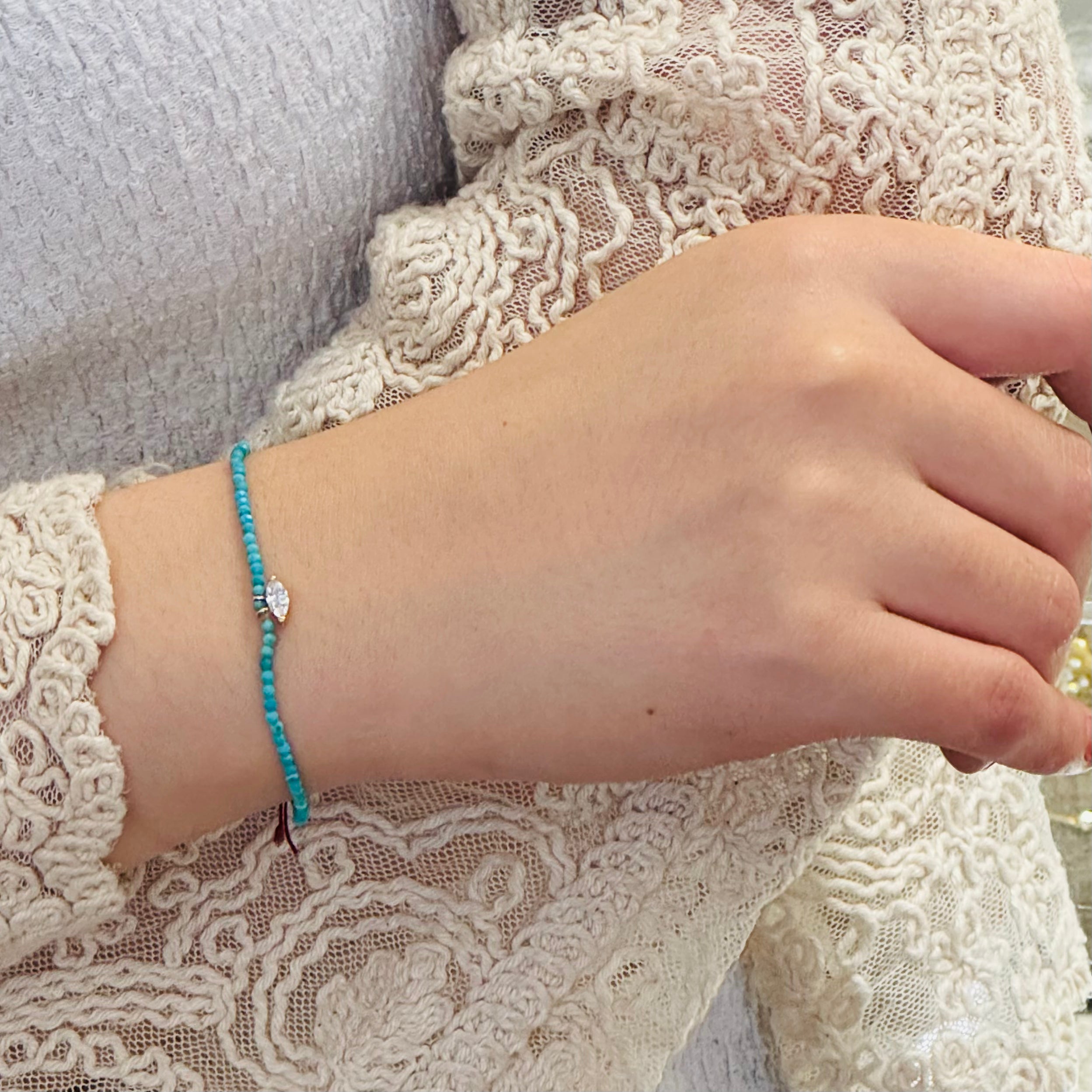 Turquoise Lab-Grown Diamond Charm Stretchy Bracelet 18K
