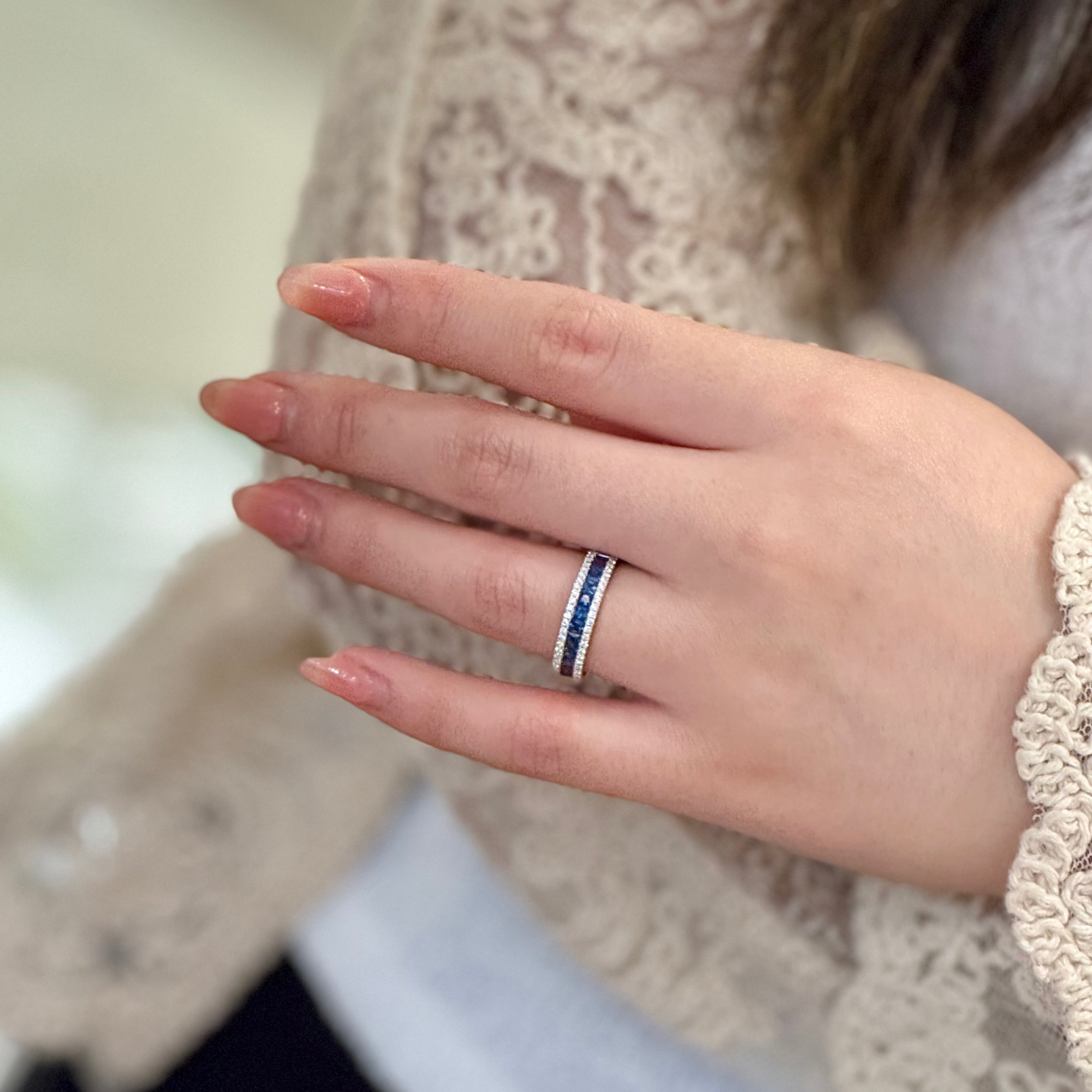 Halfway Sapphire Diamond Frame Band 18k White Gold