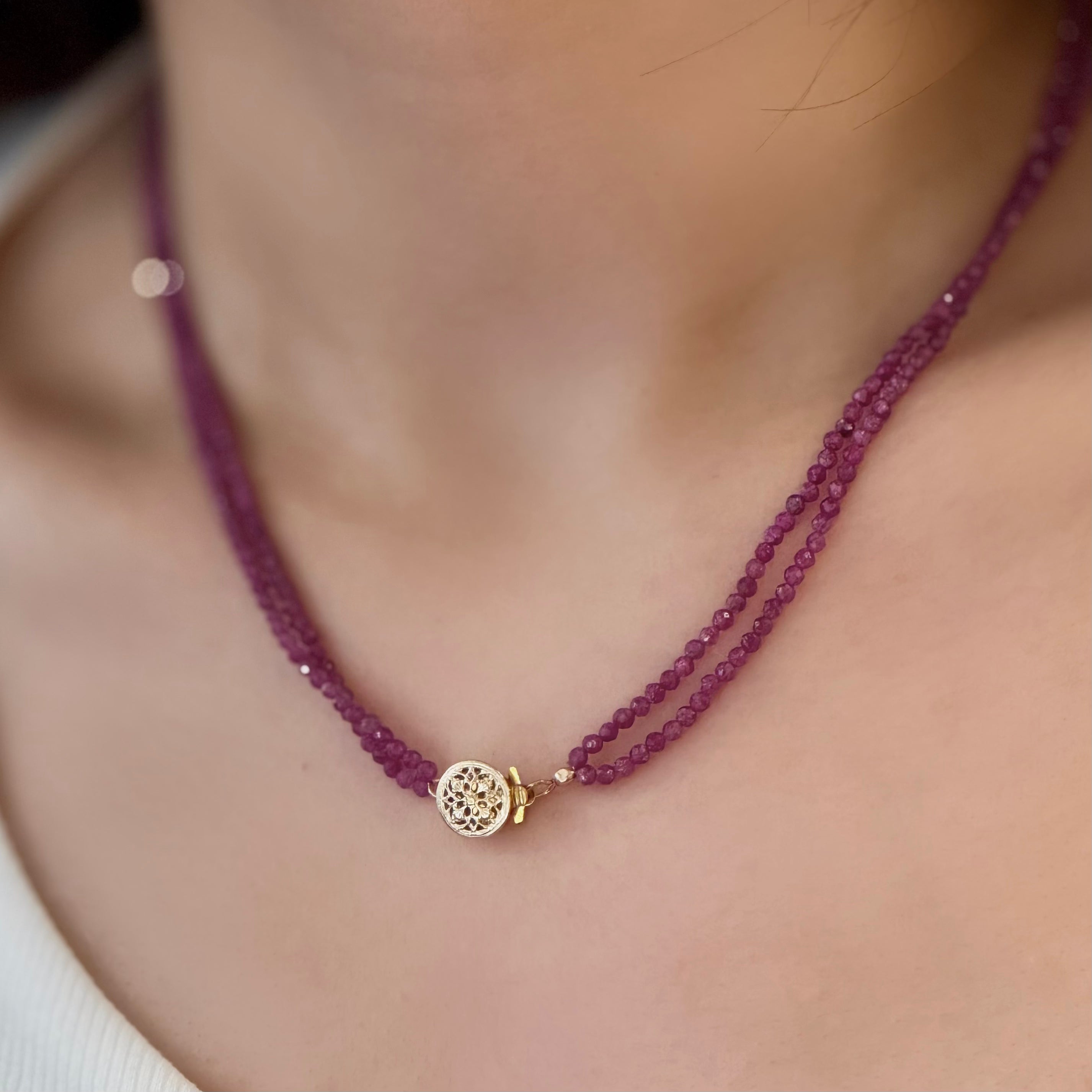Double Strand Ruby Spiral Clasp Necklace