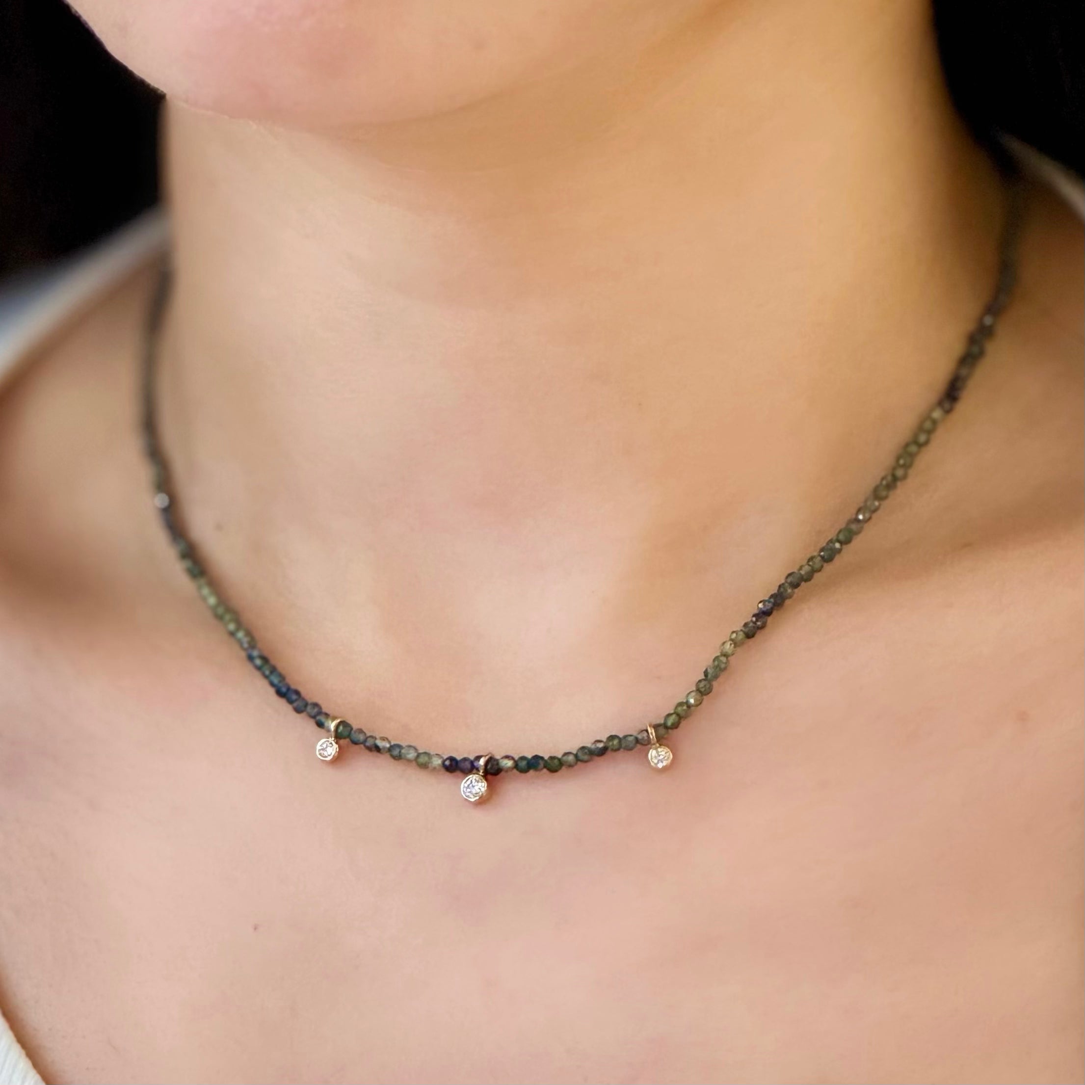 Petite Green Sapphire Trio Diamond Charm Necklace 14k