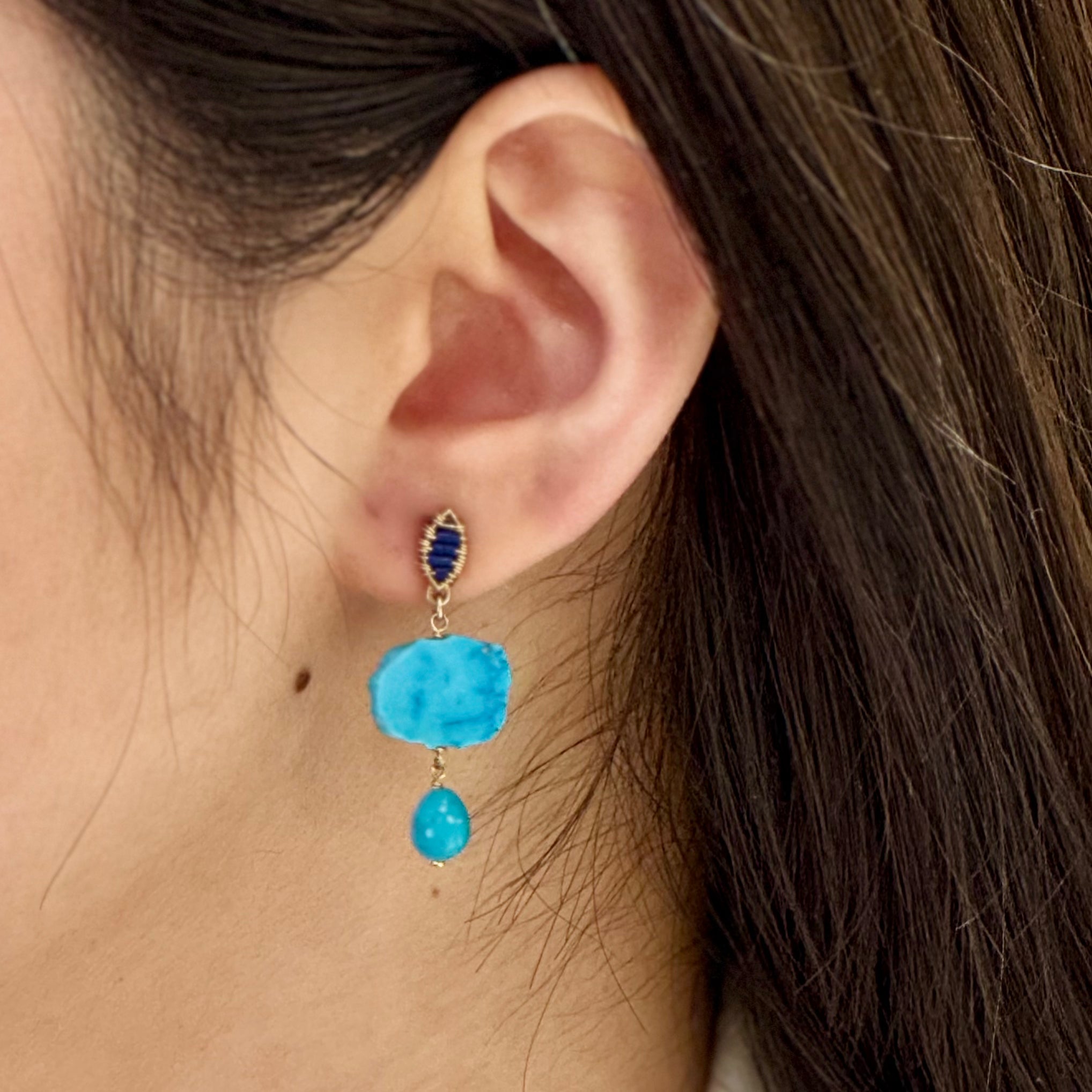 Duo Turquoise Slice Drop Marquise Lapis studs Earrings
