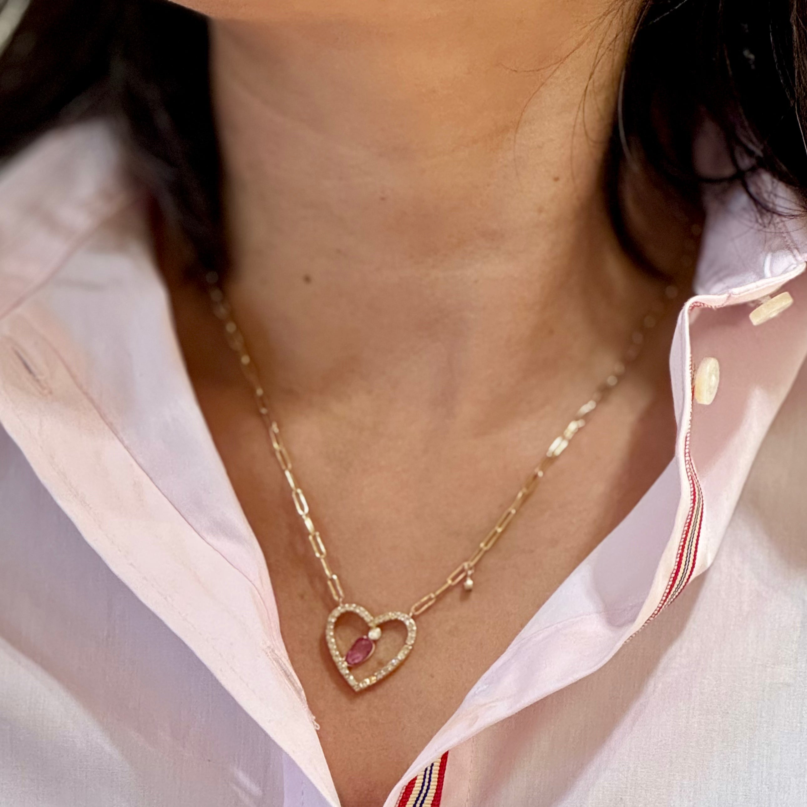 Diamond Heart Pink Sapphire Pendant Paperclip Necklace 14k