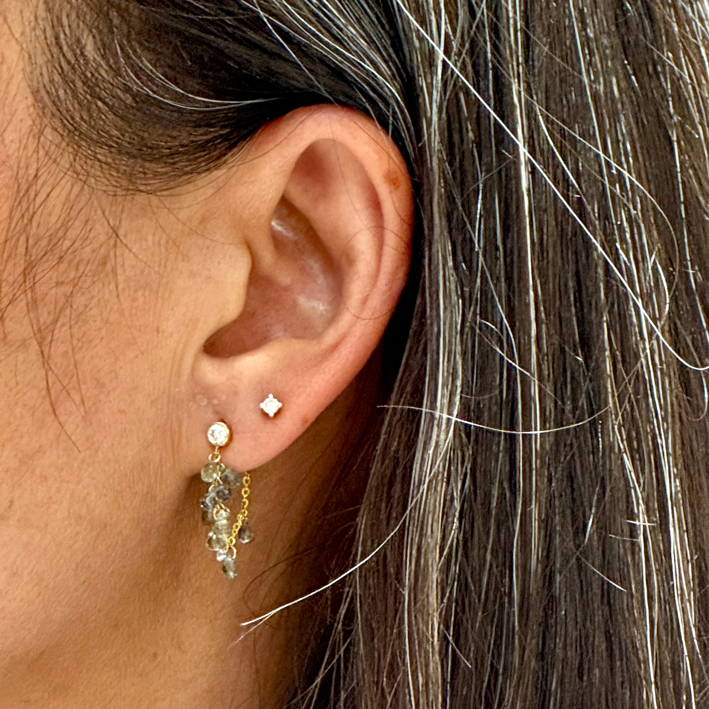 Green Sapphire Lab Diamond Hoops Studs-14k