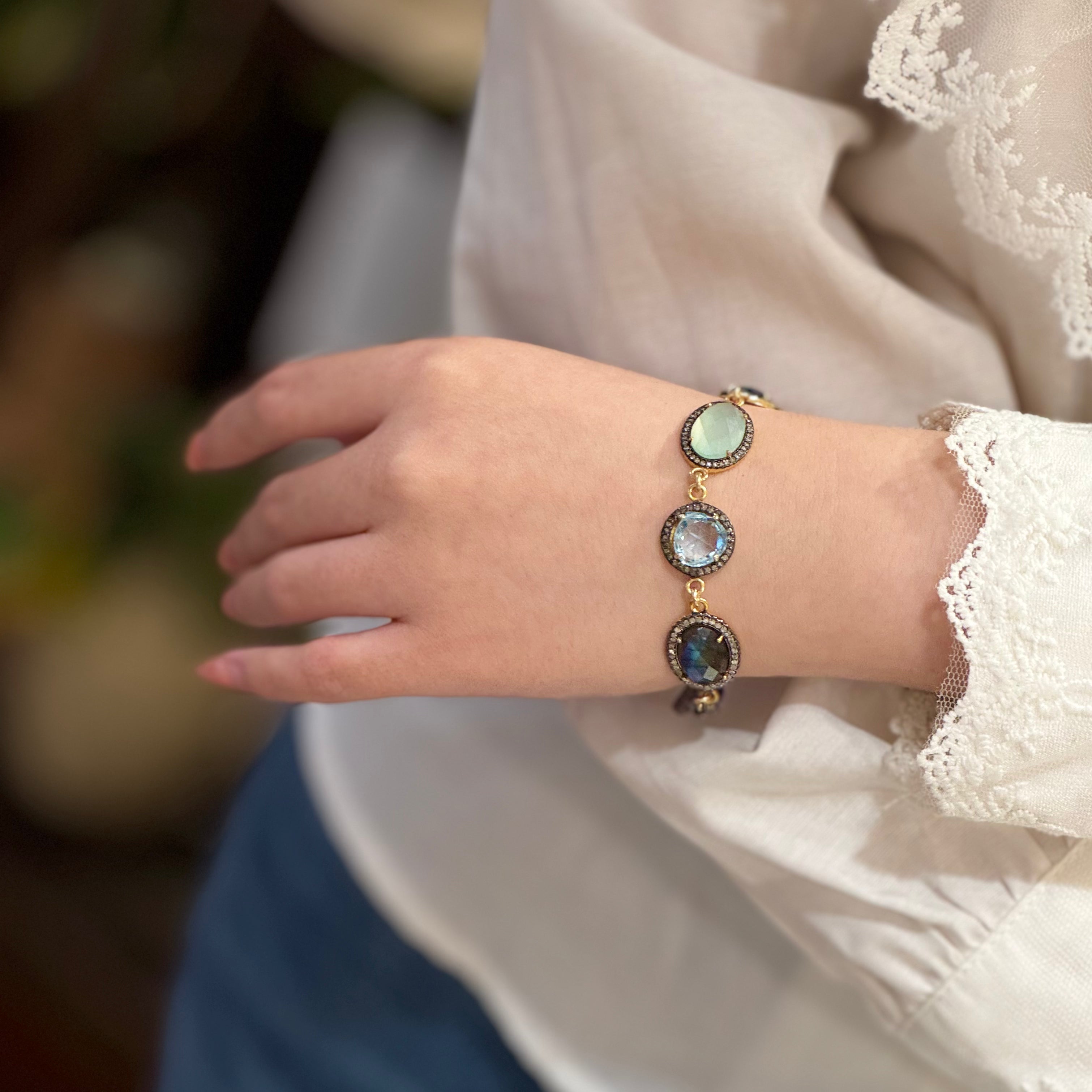 Pave Diamond Mix Gemstone Halo Bracelet