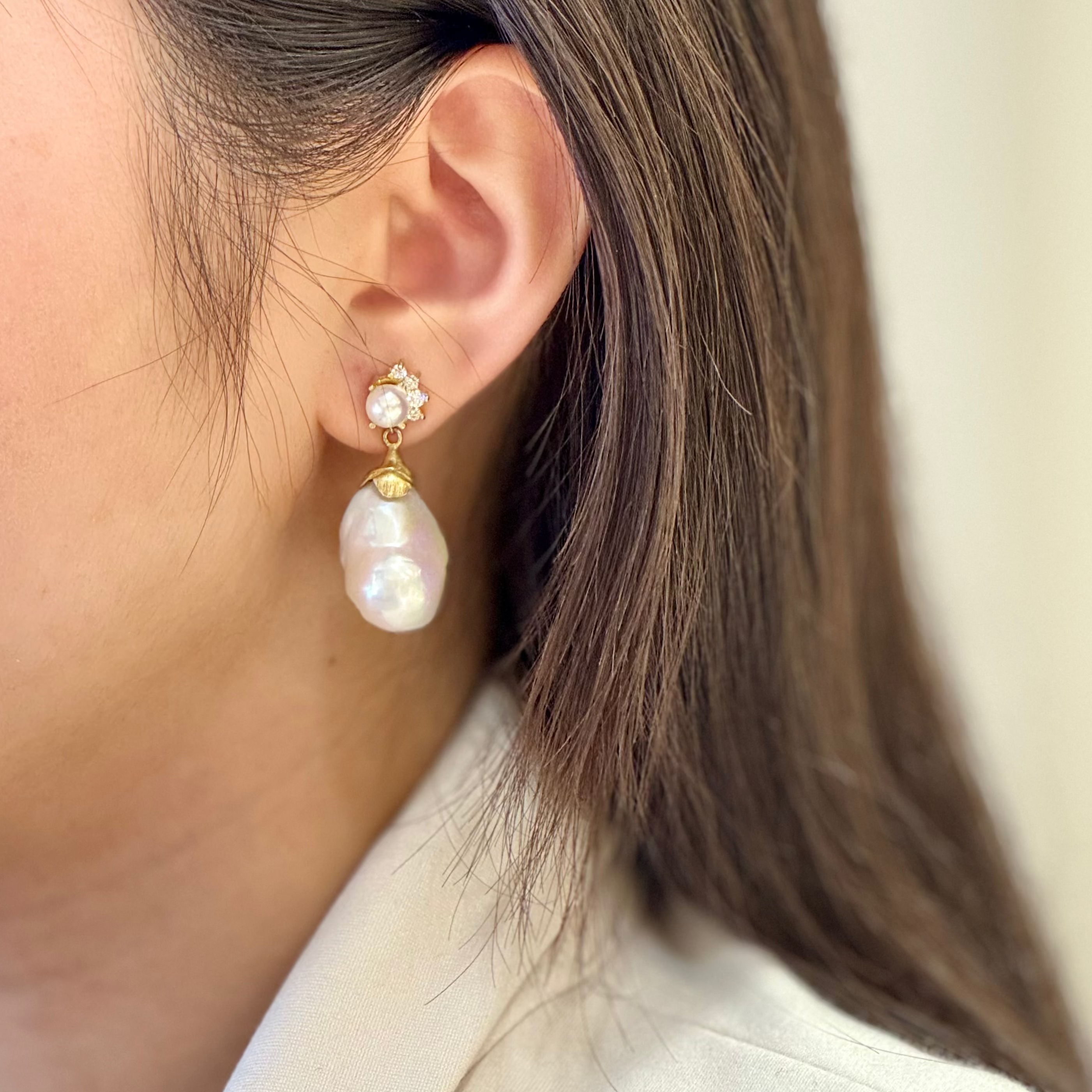 Baroque Diamond Cluster Pearl Drop Gold-Plated Earrings