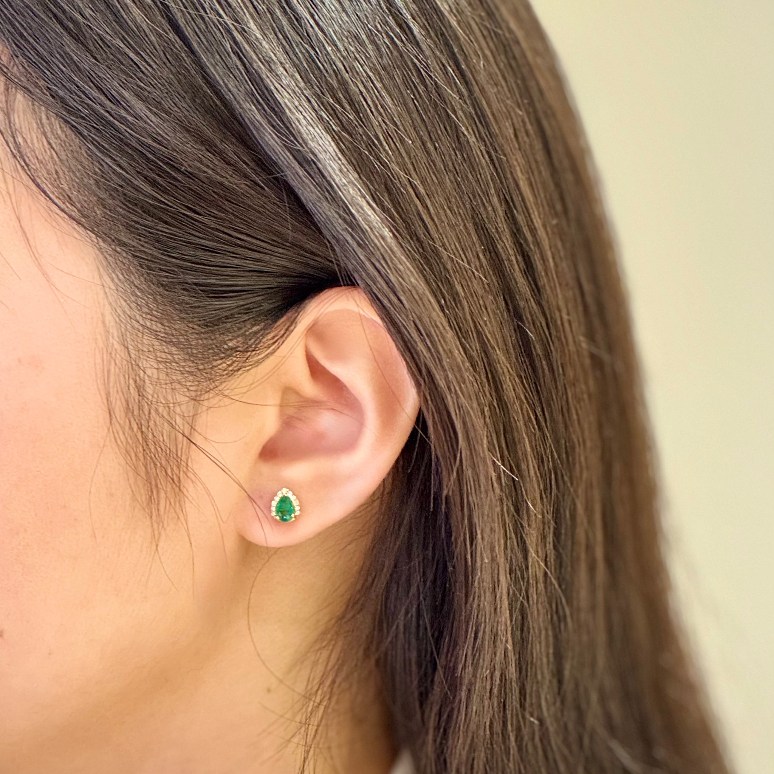 Teardrop Natural Emerald Diamond Halo Studs Earrings In 18k