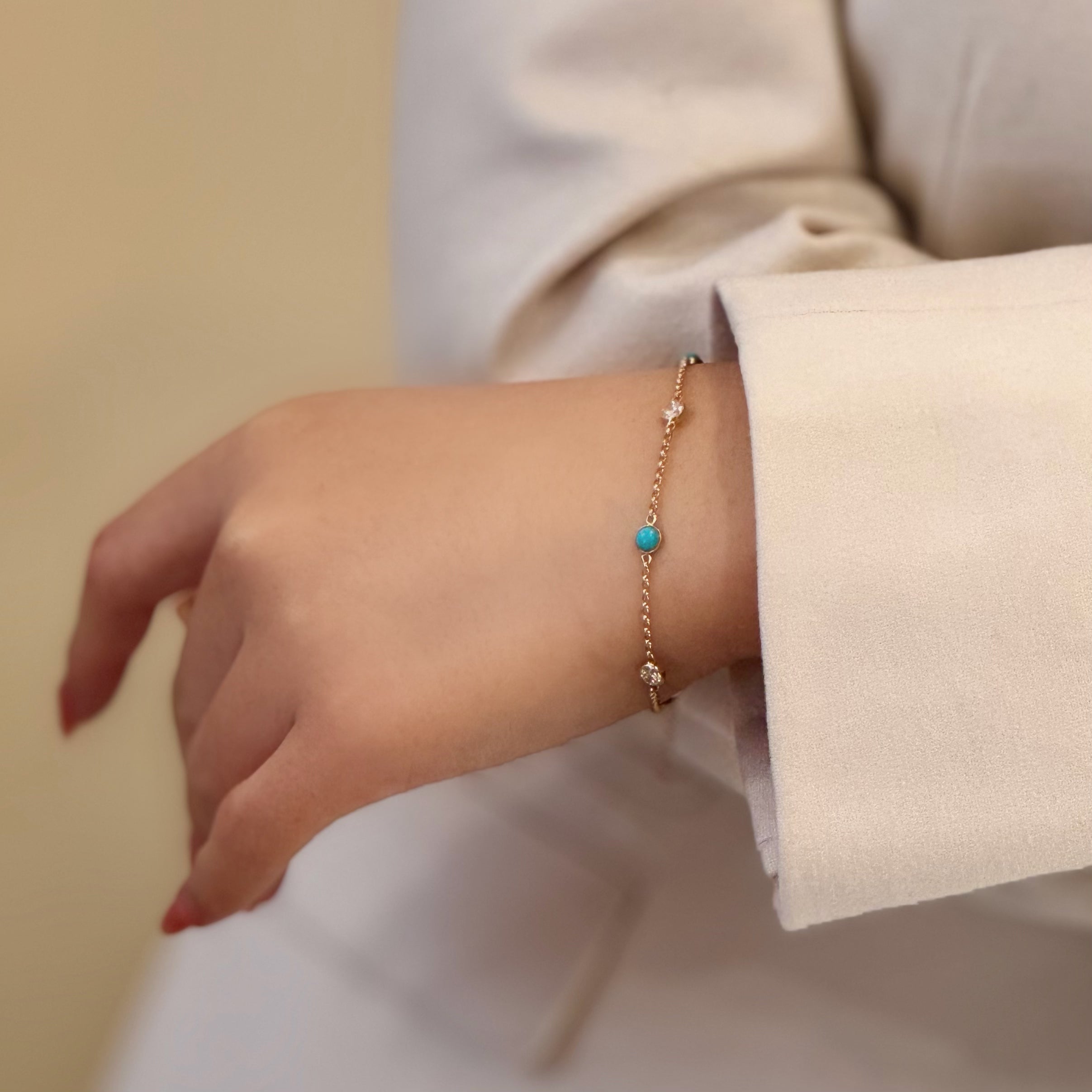 Turquoise Lab-diamond Stationed Bracelet 14K