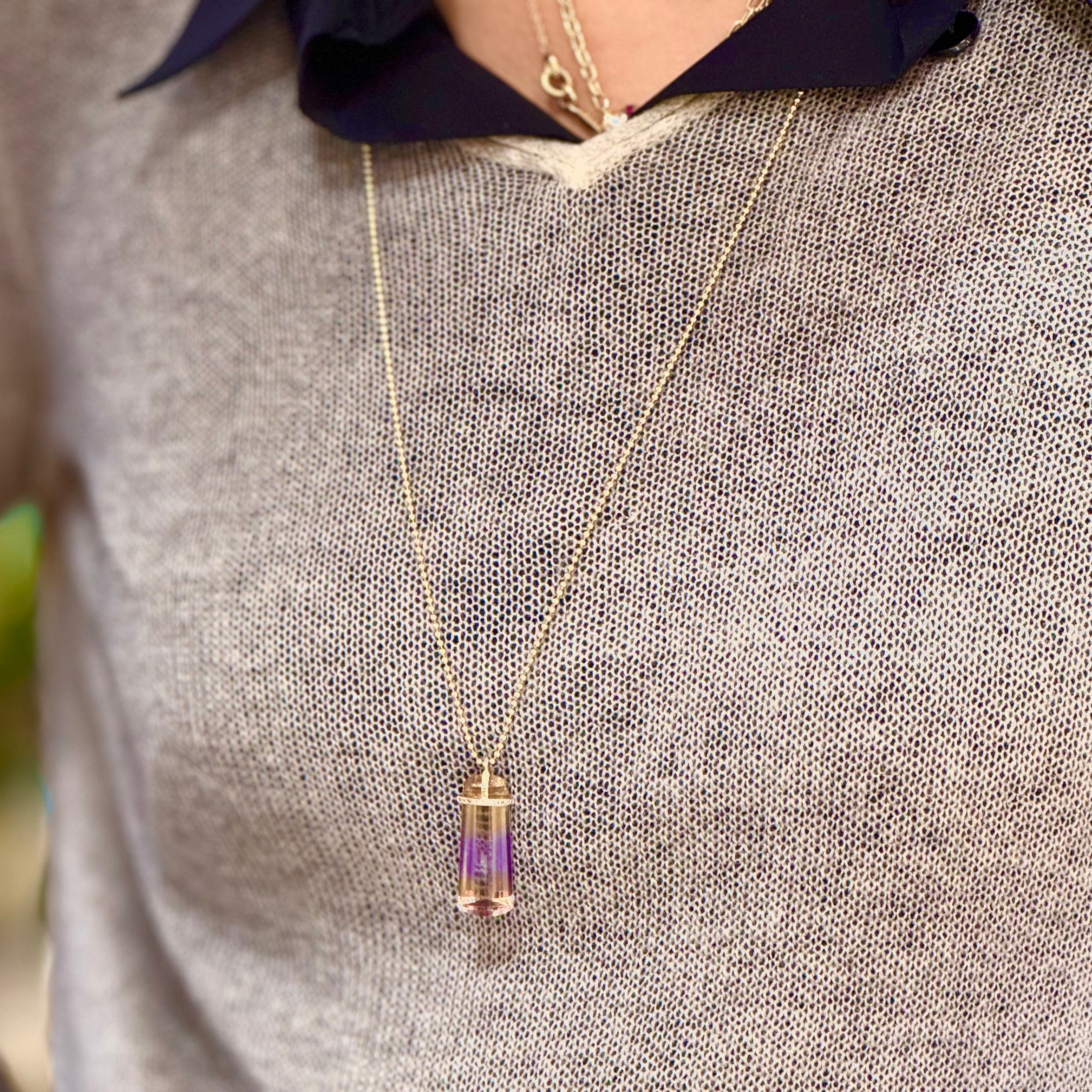 Ametrine Diamond Pendant Long Necklace 14K