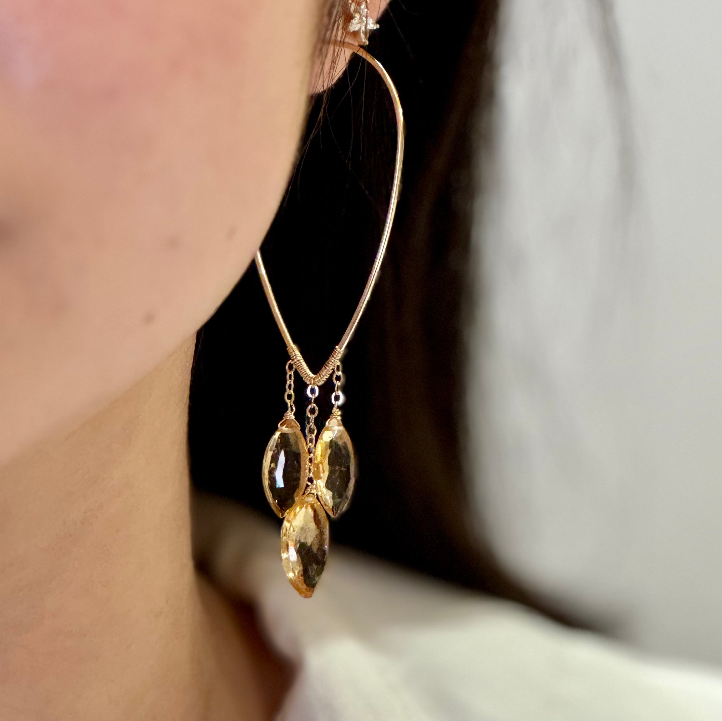 V Bar Trio Leaves Drop Hoop Earrings - Citrine