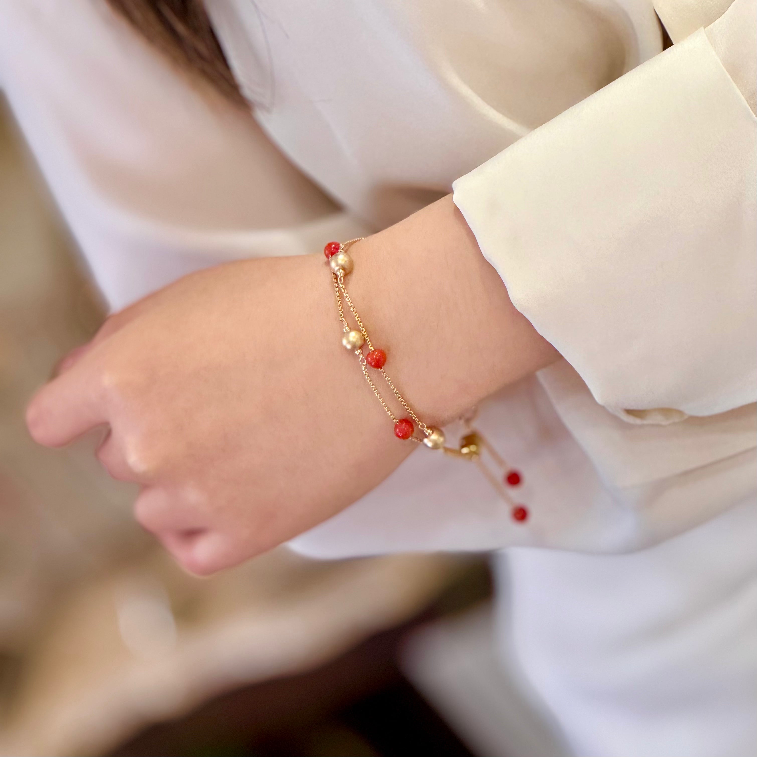 Coral Gold Ball Double Strand Bracelet