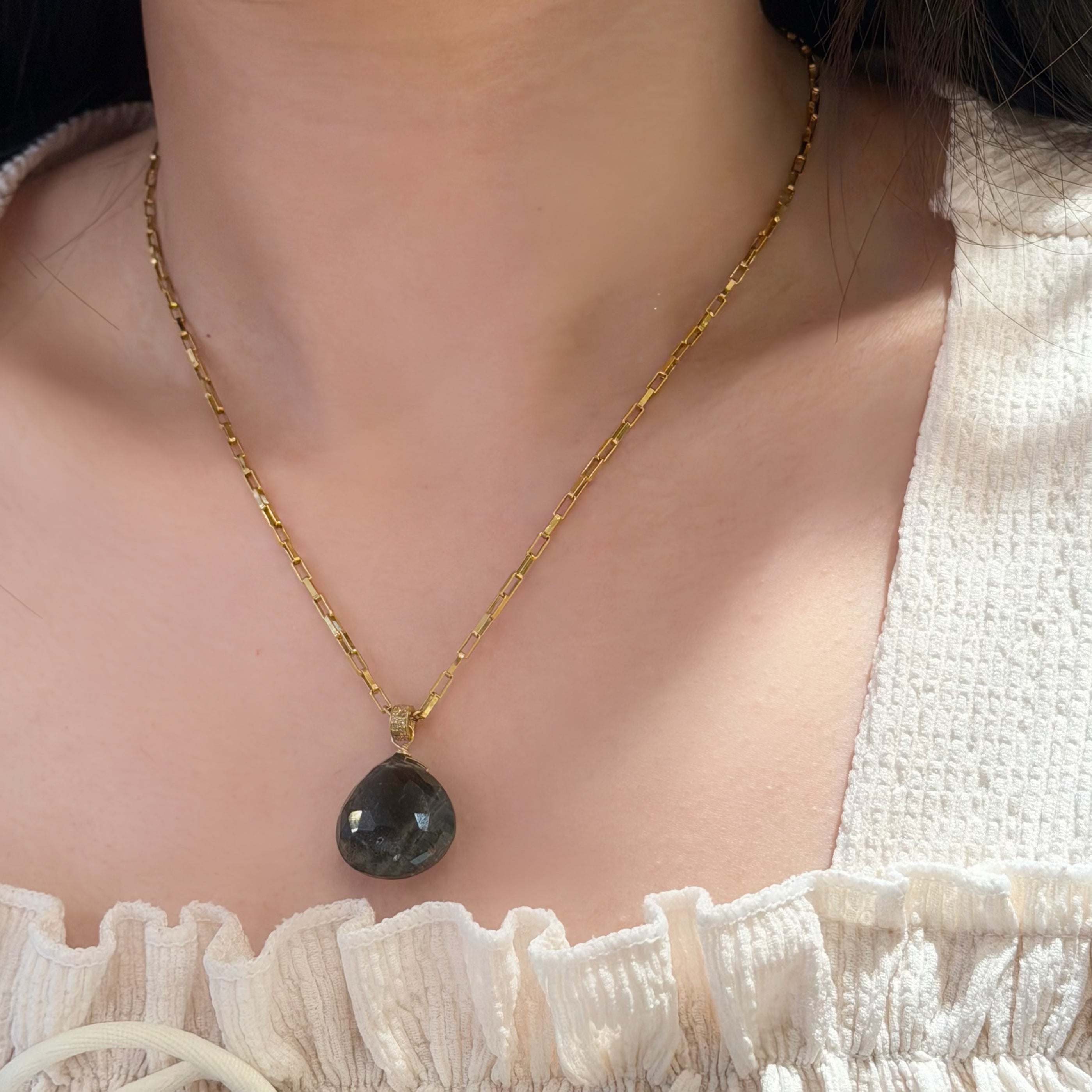 Teardrop Puffy Labradorite Pendant Gold-filled Necklace