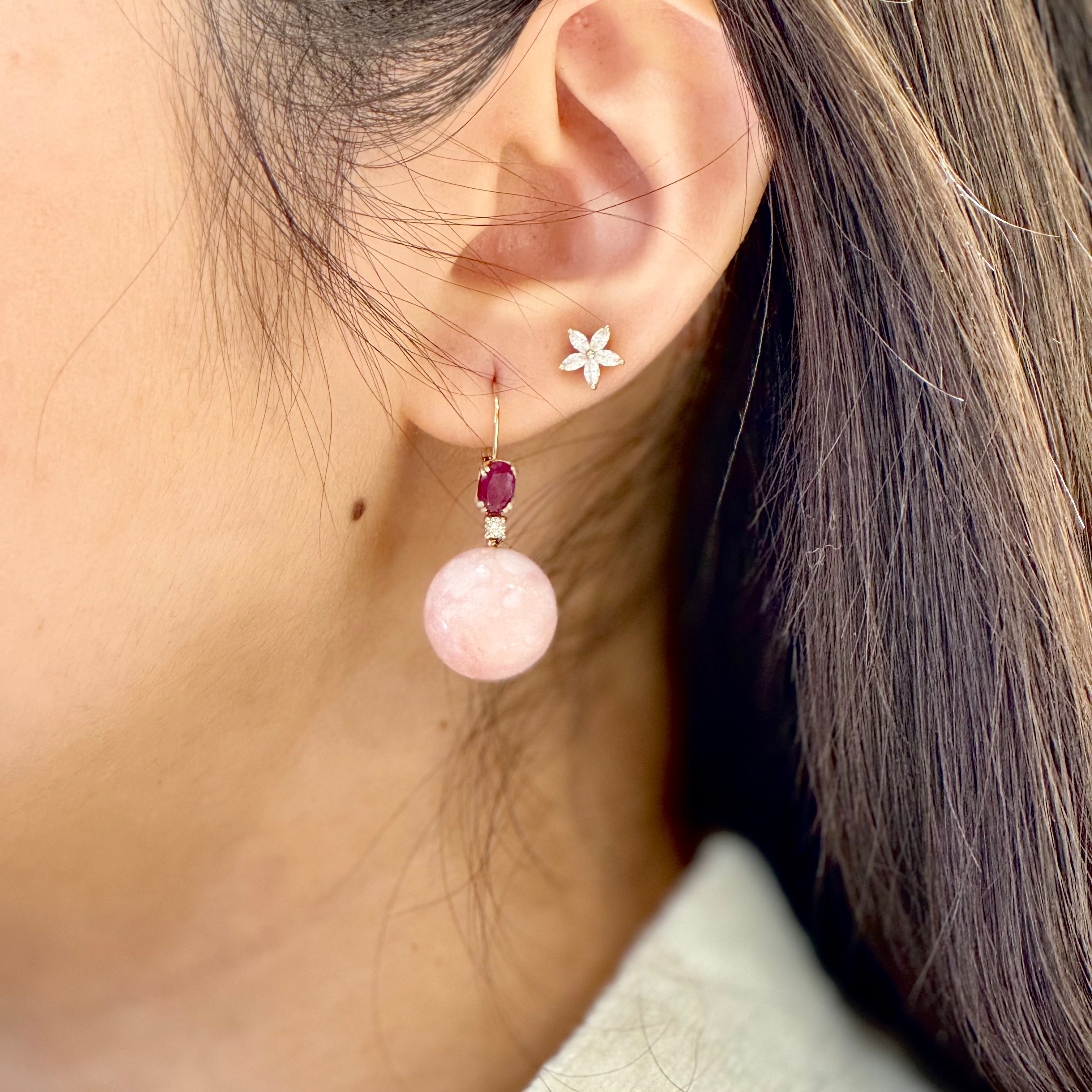 Opal Button Drop Ruby Lever Back Earrings 14K