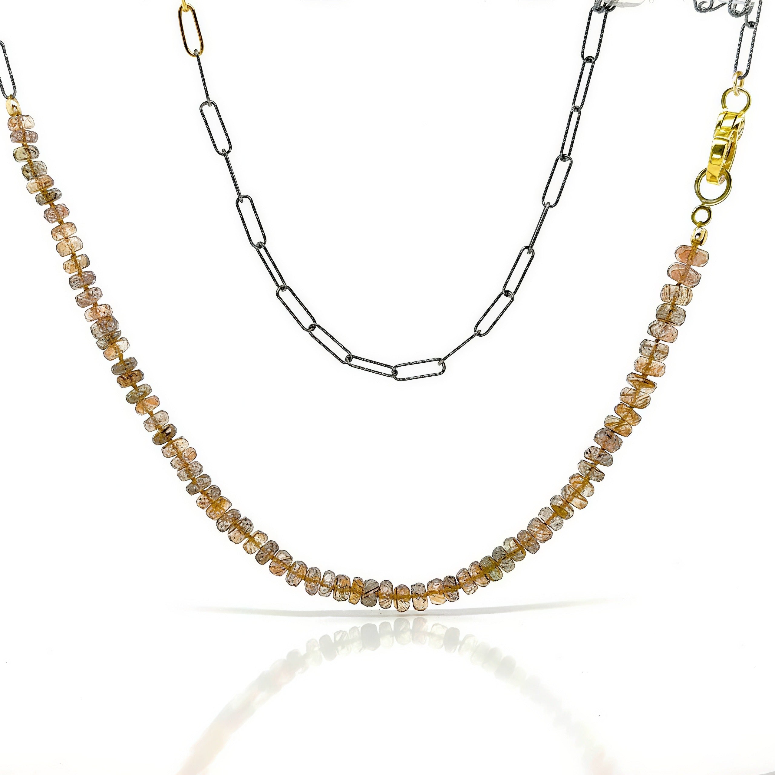 Labradorite Pave Diamond Lock Paperclip Long Necklace