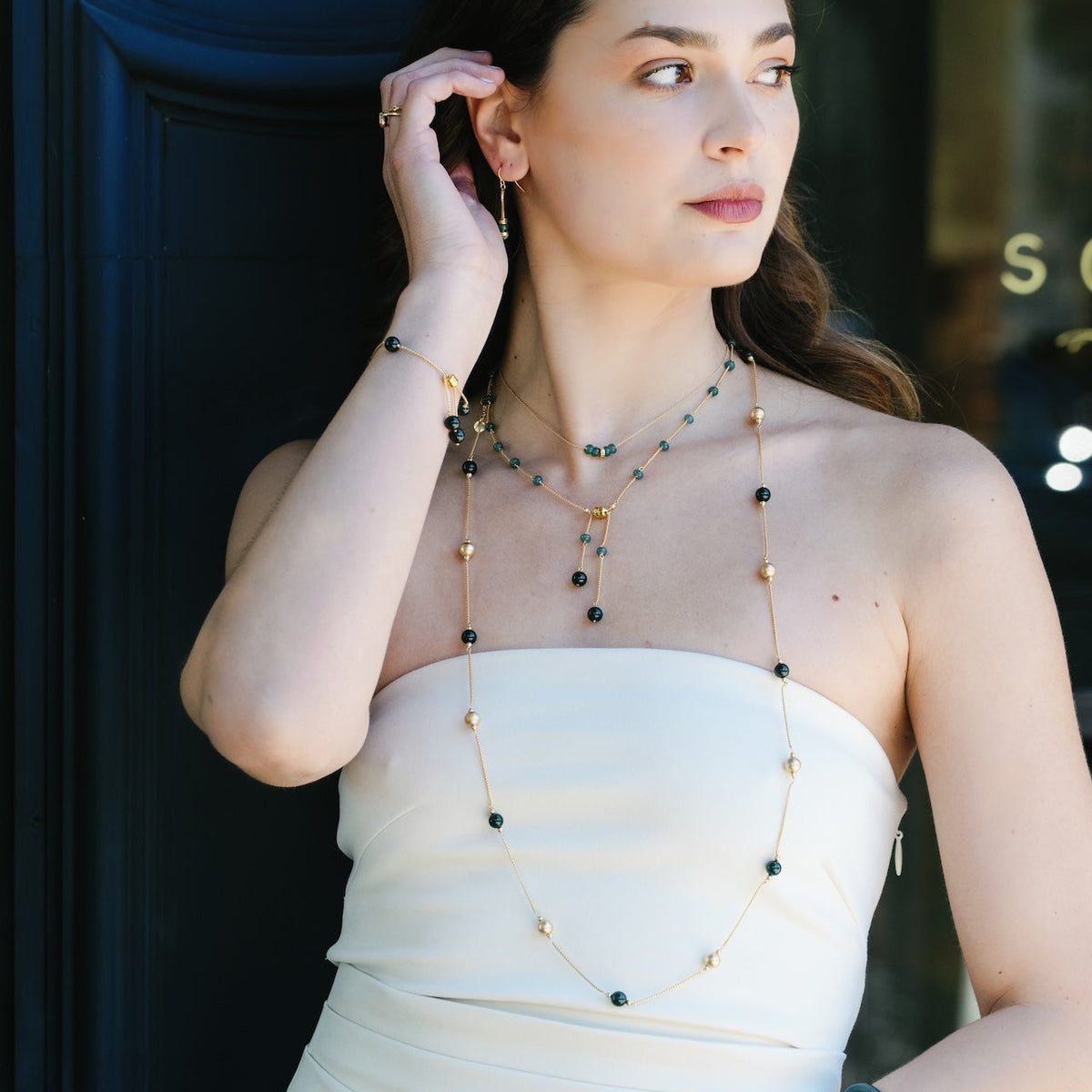 Maya Guatemala Jade Gold Ball Long Necklace