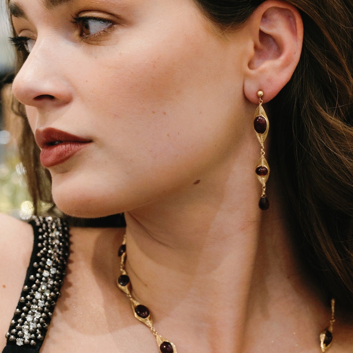 Hagia Gem Wired Drop Earrings - Red
