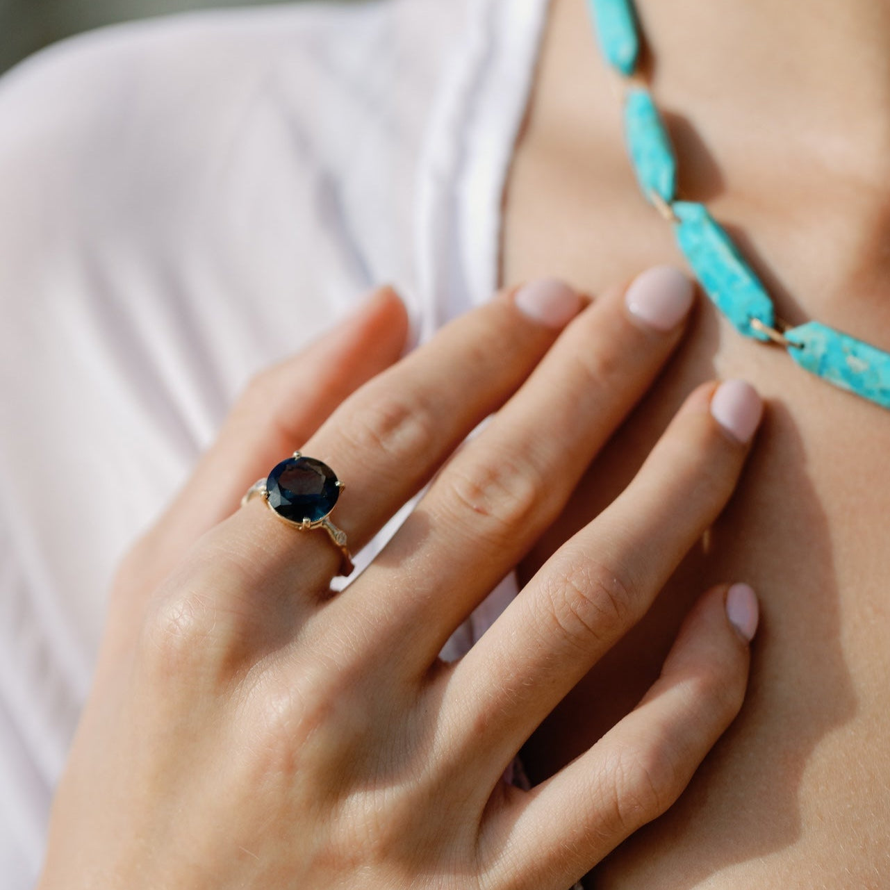 Blue Topaz Bamboo Diamond Ring in 14k
