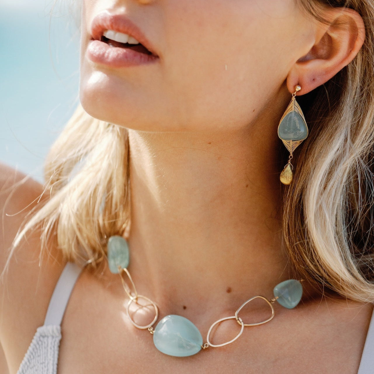 Aqua Oval Link Toggle Necklace
