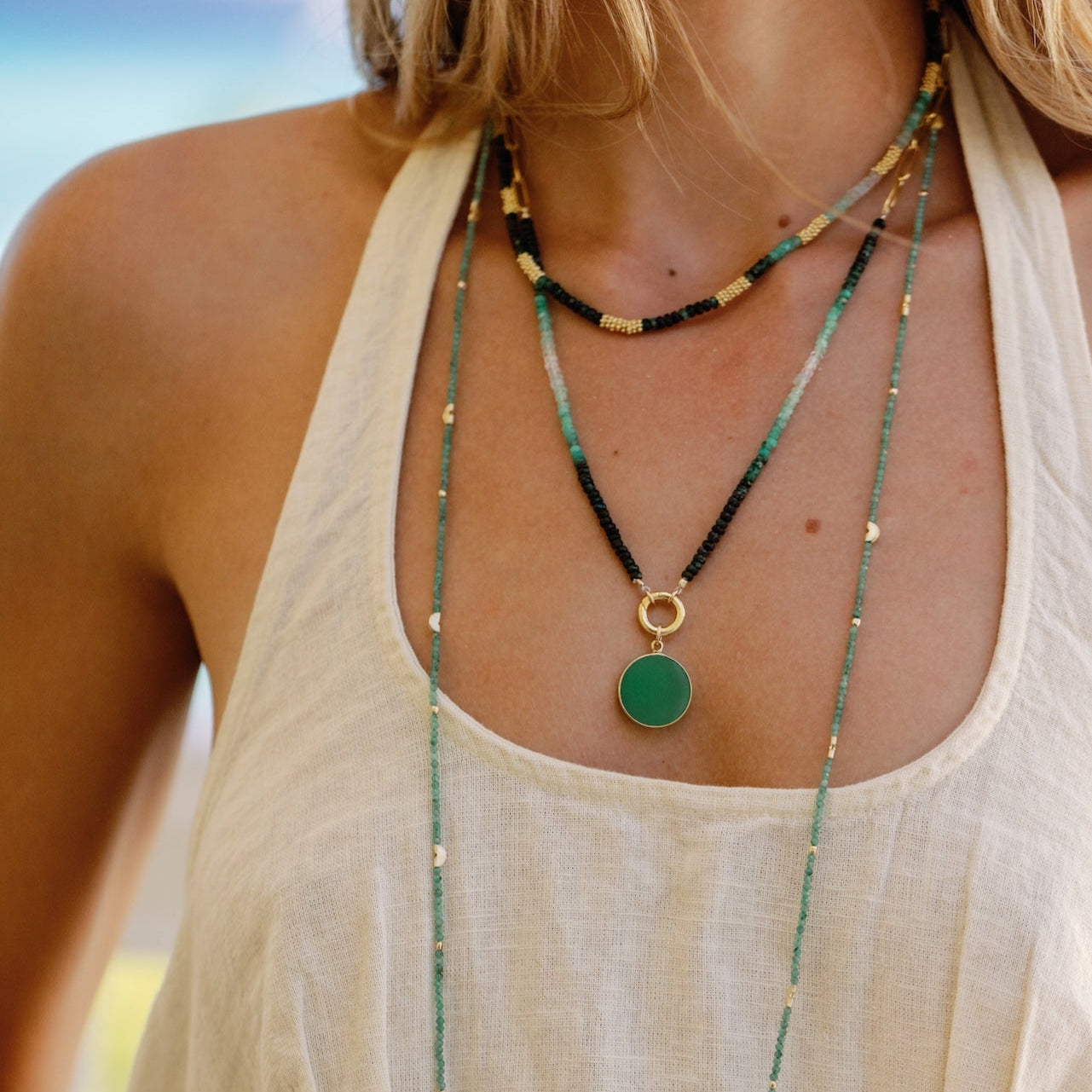 Half Moon Long Strand Necklace - Emerald or Turquoise