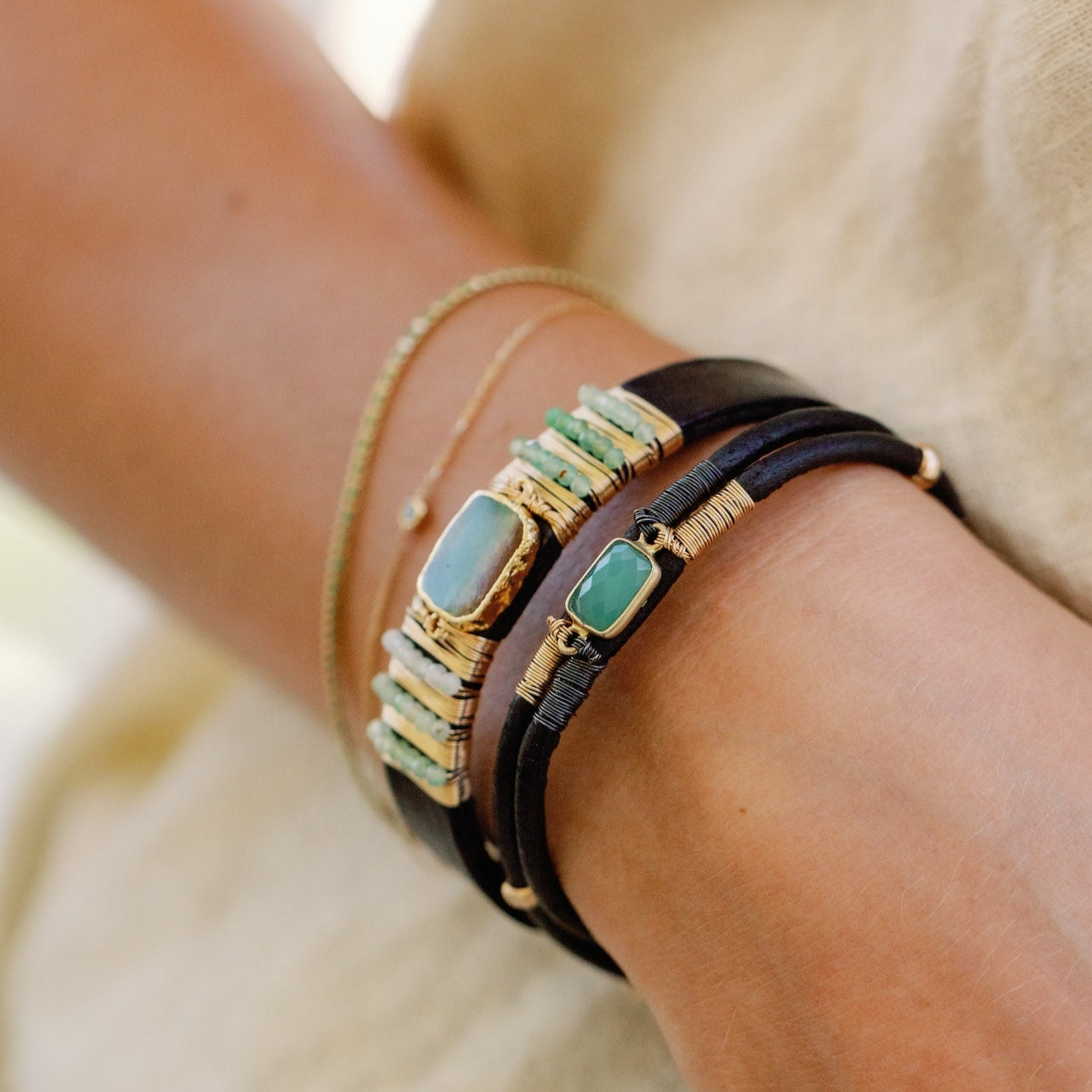 Double Thin Gem Wired Leather Bracelet
