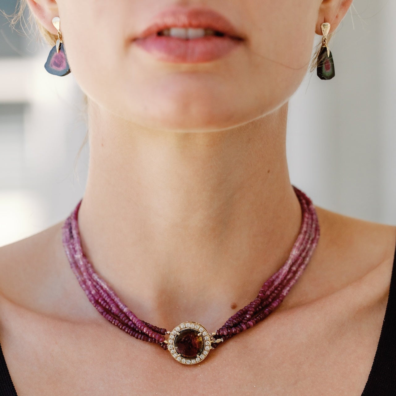 Watermelon Tourmaline Pendant Ruby Necklace-14k