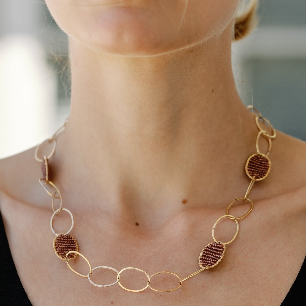 Garnet Woven Link Necklace with Pendant