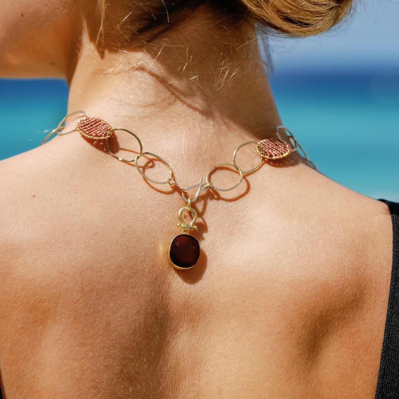 Garnet Woven Link Necklace with Pendant