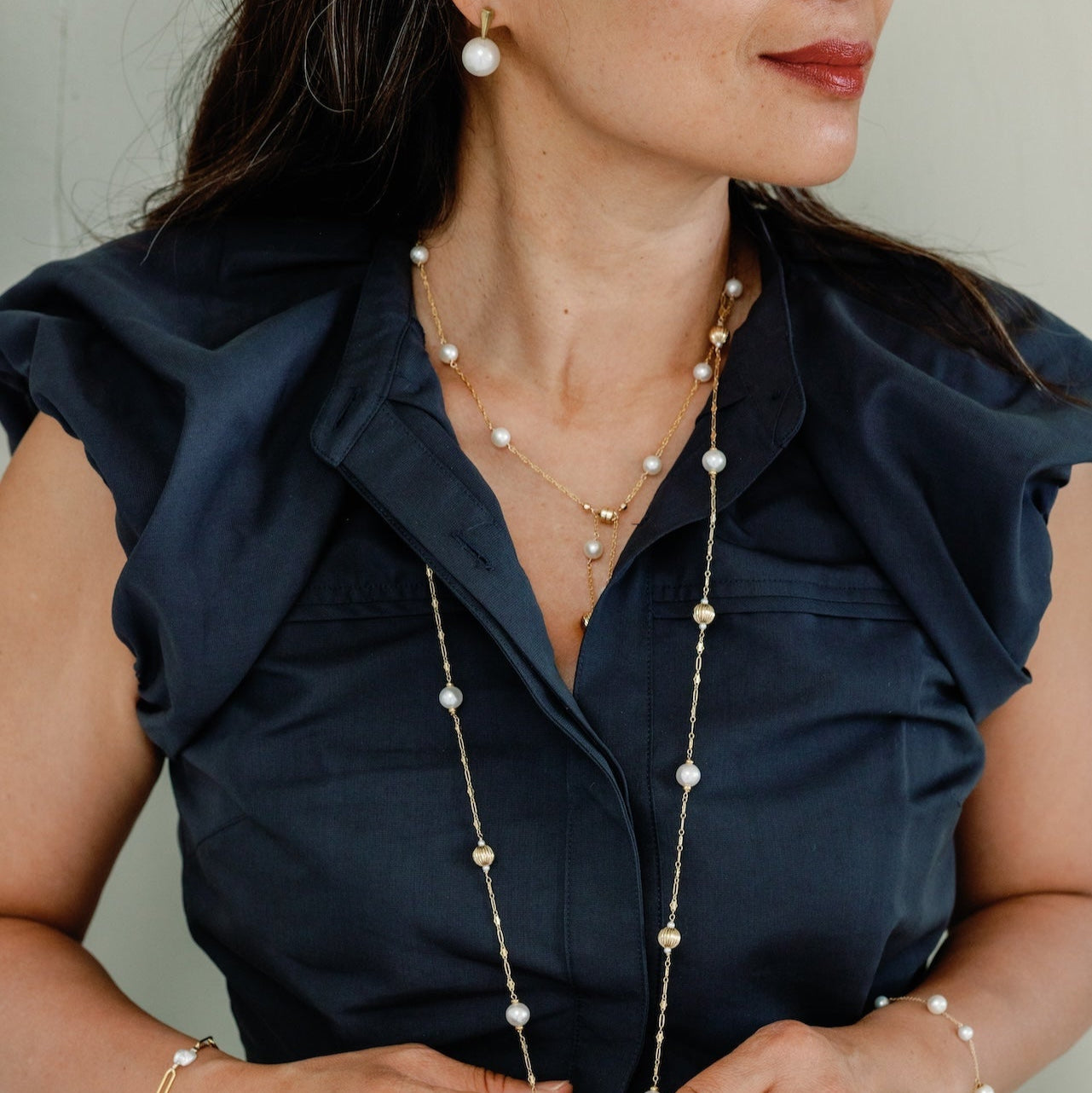 Golden Ball & Pearl Long Necklace