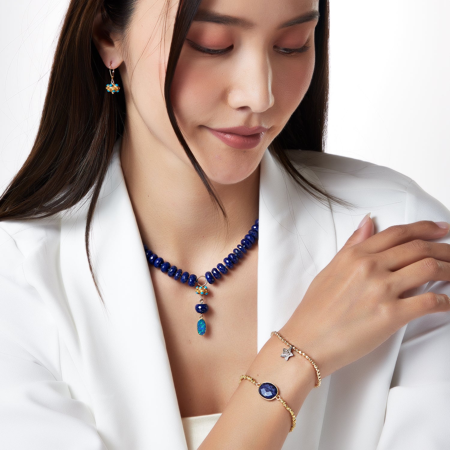 Sapphire Slab Gold Beads Stretchy Bracelet