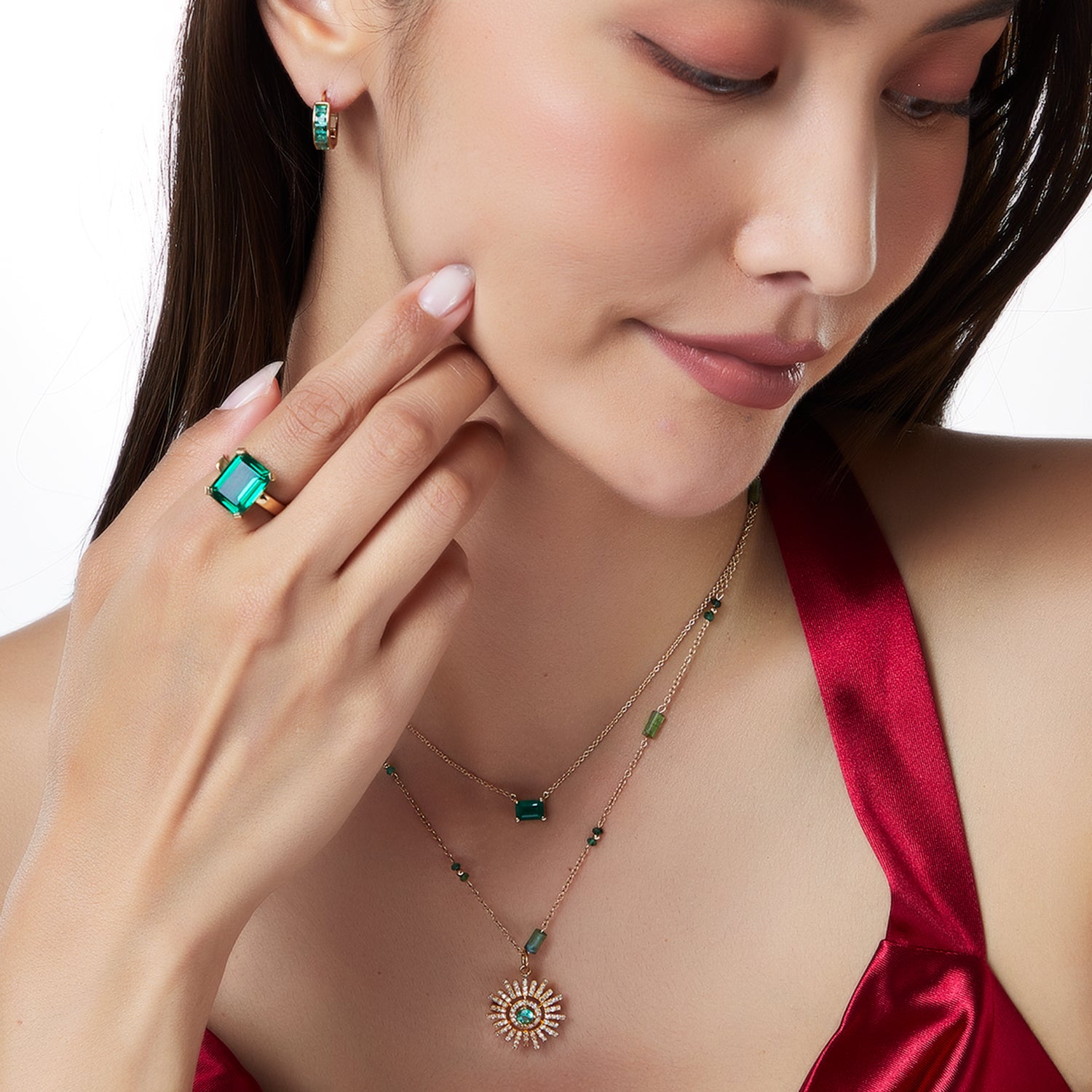 Emerald Sunburst Diamond Pendant Necklace 14k