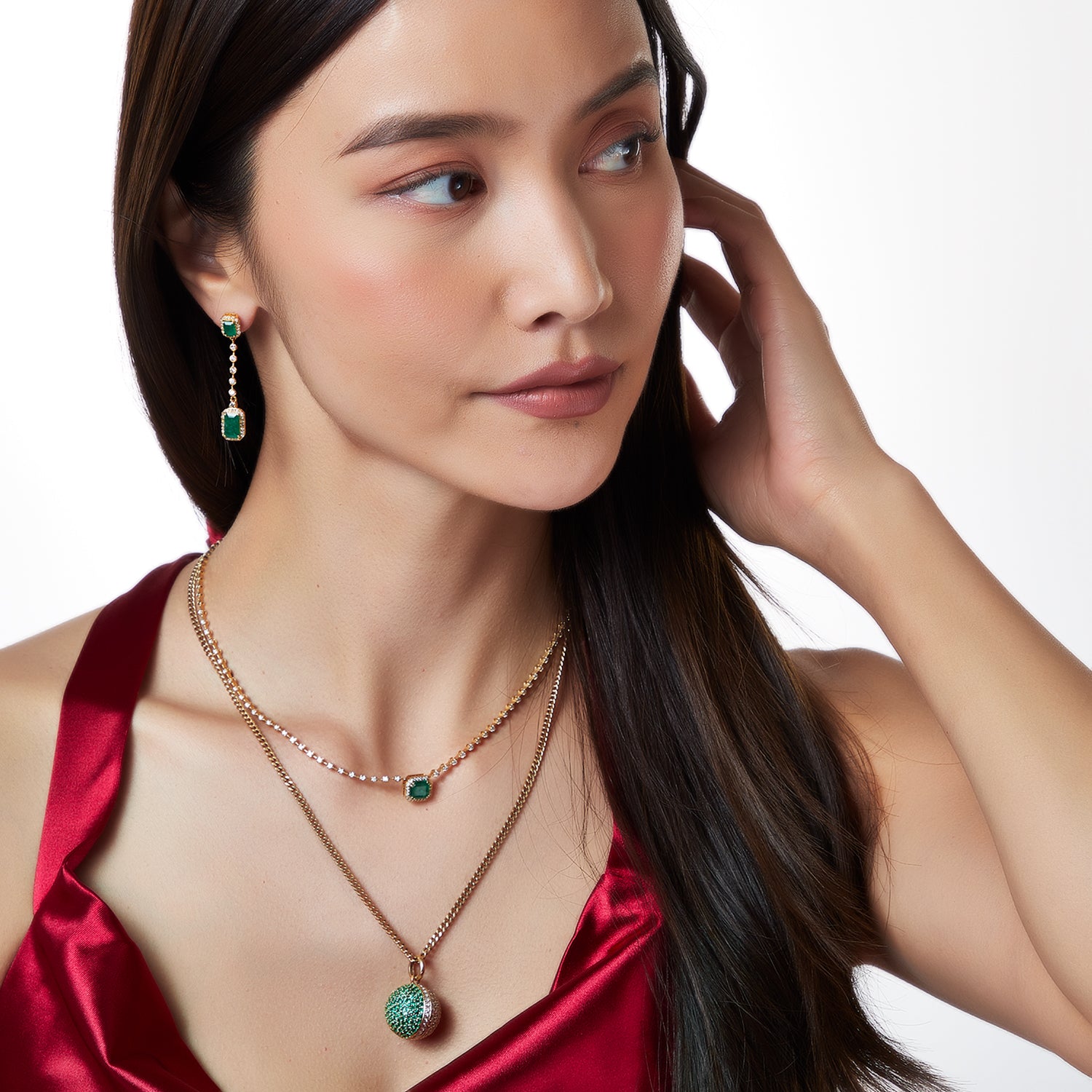 Emerald Diamond Disco Ball Necklace in 14k
